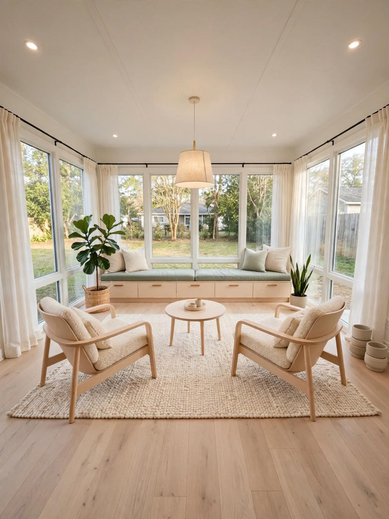 Sunroom with light wood-look floor, built-in window bench with cushions, two lounge chairs, round table, rug, plants and sheer curtains