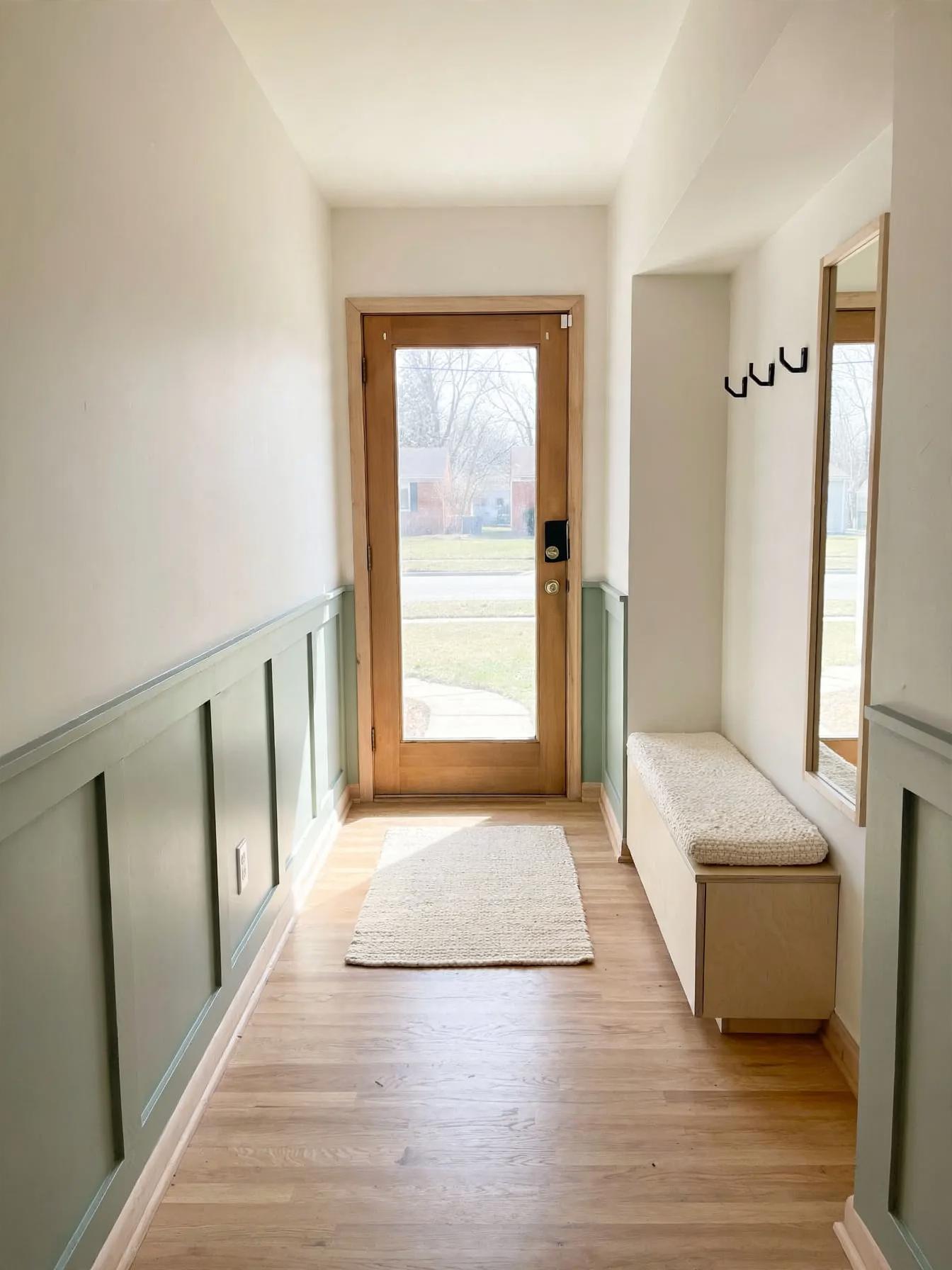 Scandinavian entryway after AI restyle by Renovaitor: Green board-and-batten wainscot and built-in bench in narrow entryway