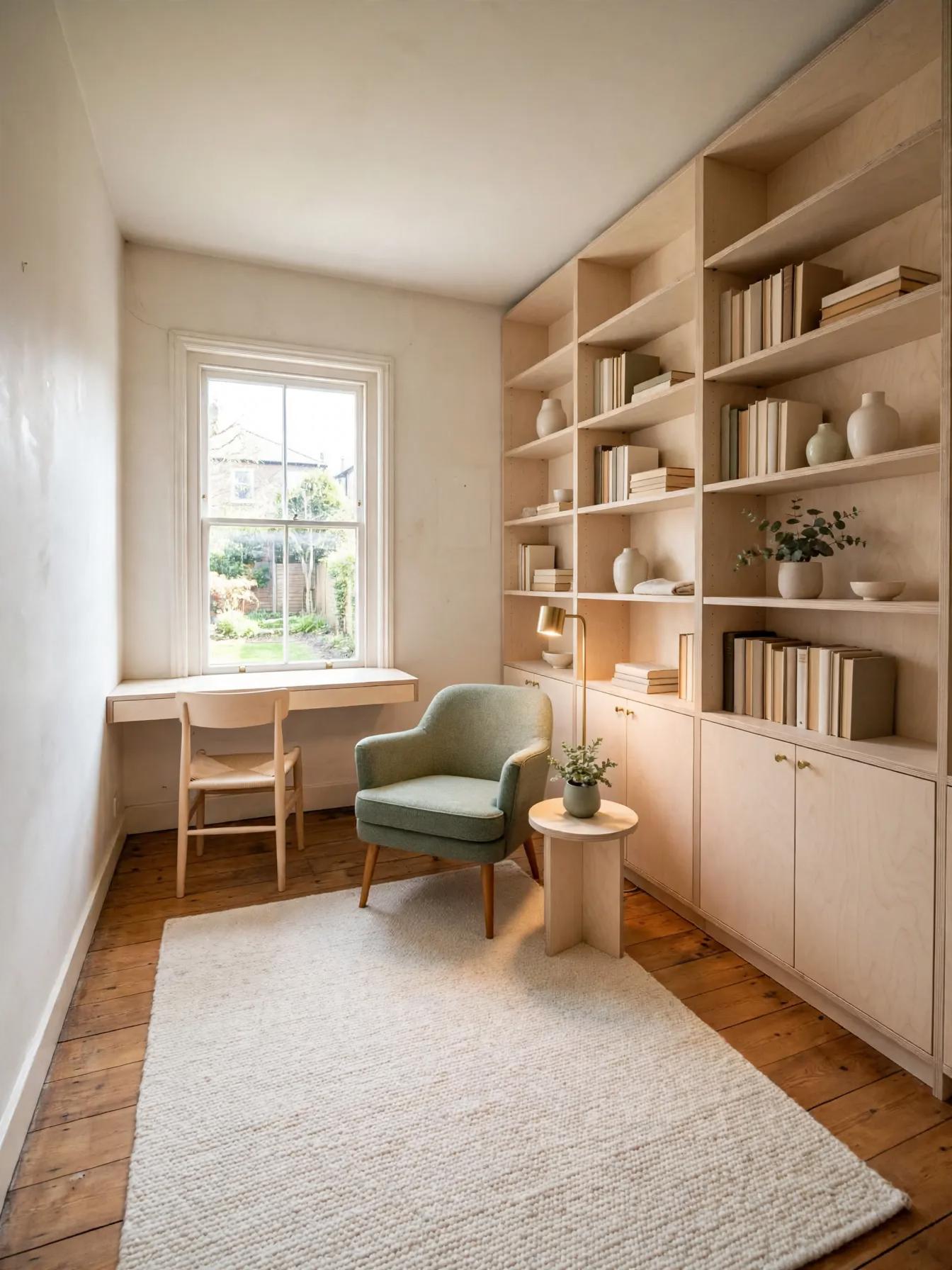 Scandinavian home office after AI restyle by Renovaitor: Tall single window anchored by floor-to-ceiling birch shelving