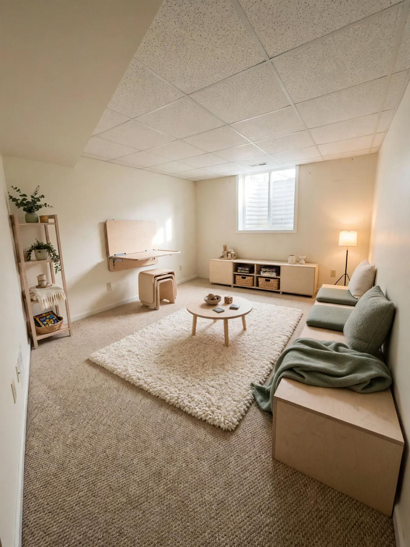 Same basement arranged as a soft Scandinavian game room with low bench seating, sage cushions, shag rug, round coffee table, console with baskets, shelving and a floor lamp.