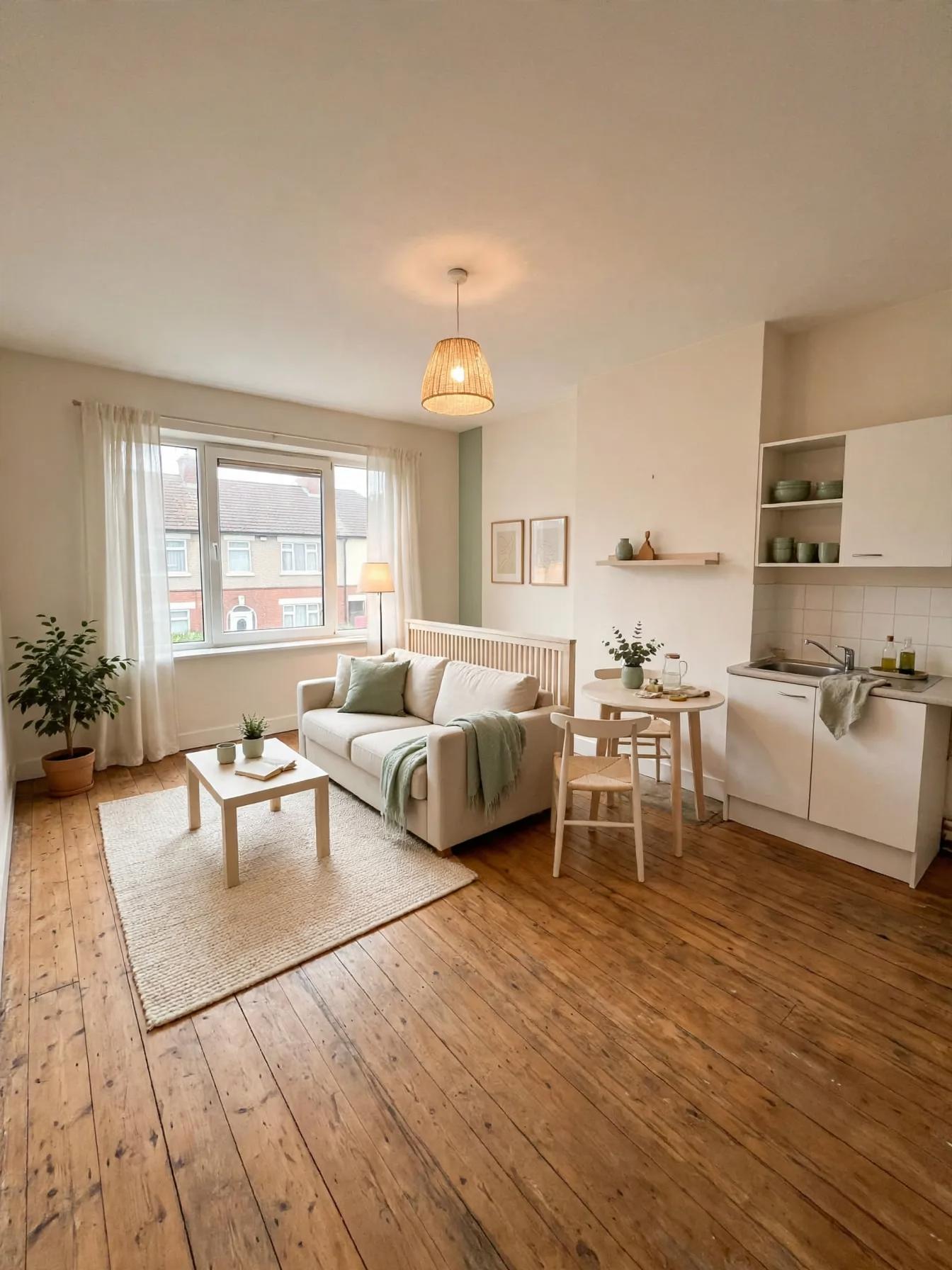 Staged Scandinavian studio with a light sofa, low coffee table on a jute rug, round dining table, sheer curtains, pendant light and potted plants