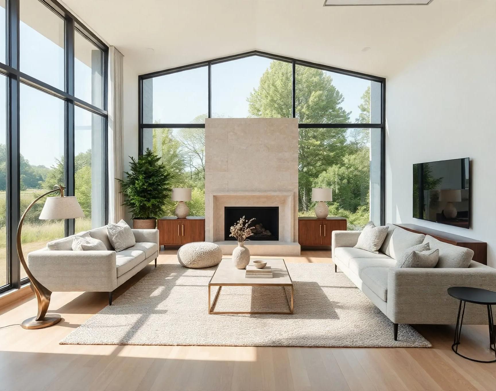 Same room with full-height stone fireplace surround, brass-trim rectangular coffee table, sculptural floor lamp, larger potted tree, matching table lamps and a textured pouf.