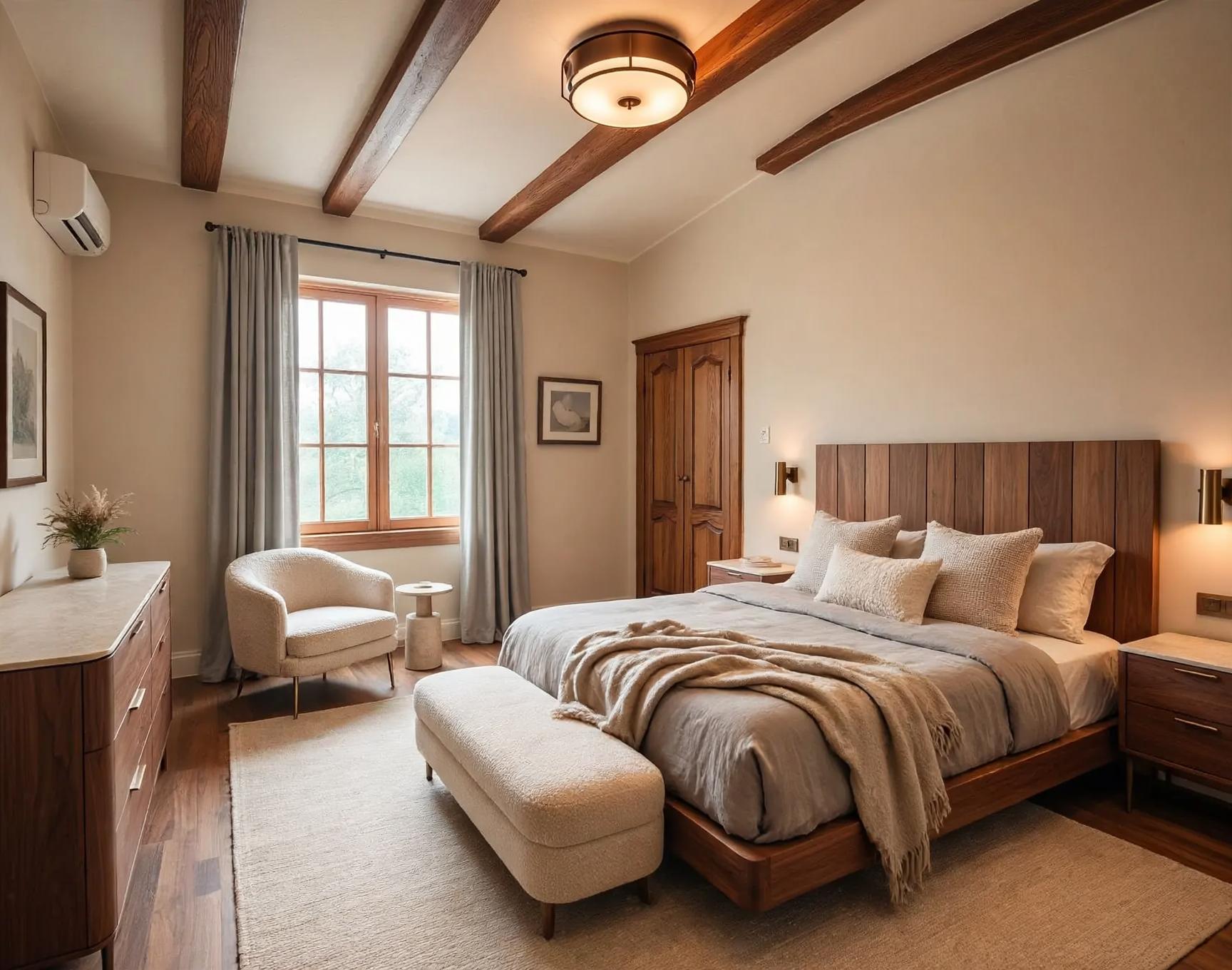 Quiet-luxury bedroom restyle with a low wooden platform bed, layered neutral bedding, boucle bench and chair, wall sconces, light textured rug and streamlined dresser.