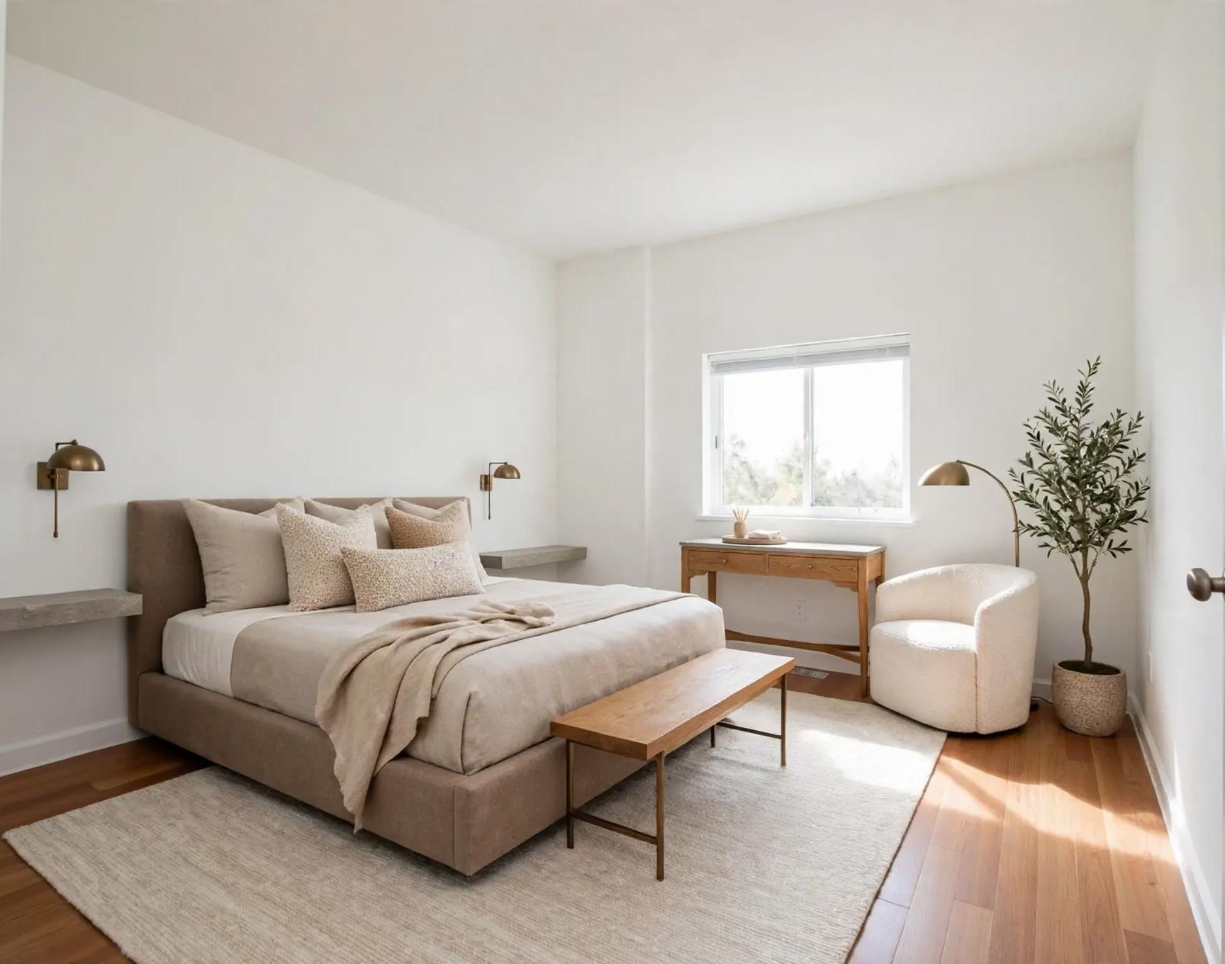 Bedroom with low beige platform bed, floating concrete-look shelves, brass sconces, wooden bench, desk under window, boucle chair and potted plant
