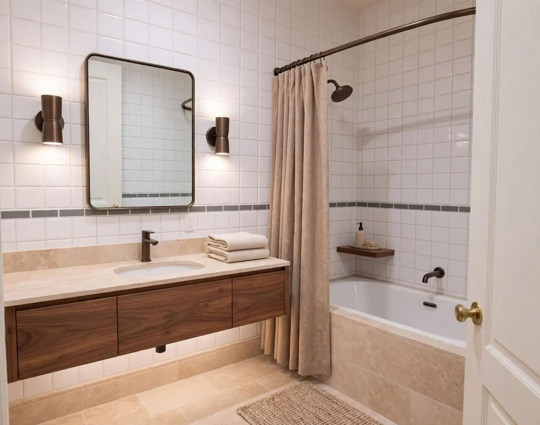 Tiled bathroom with floating walnut vanity and beige stone countertop, framed mirror with bronze sconces, beige shower curtain on curved rod, and bronze fixtures