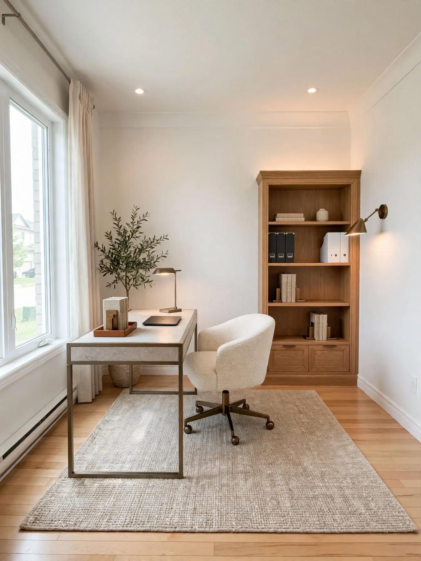 Refined workspace with slim metal-framed desk on a textured neutral rug, boucle swivel chair, oak bookcase, brass sconce and desk lamp
