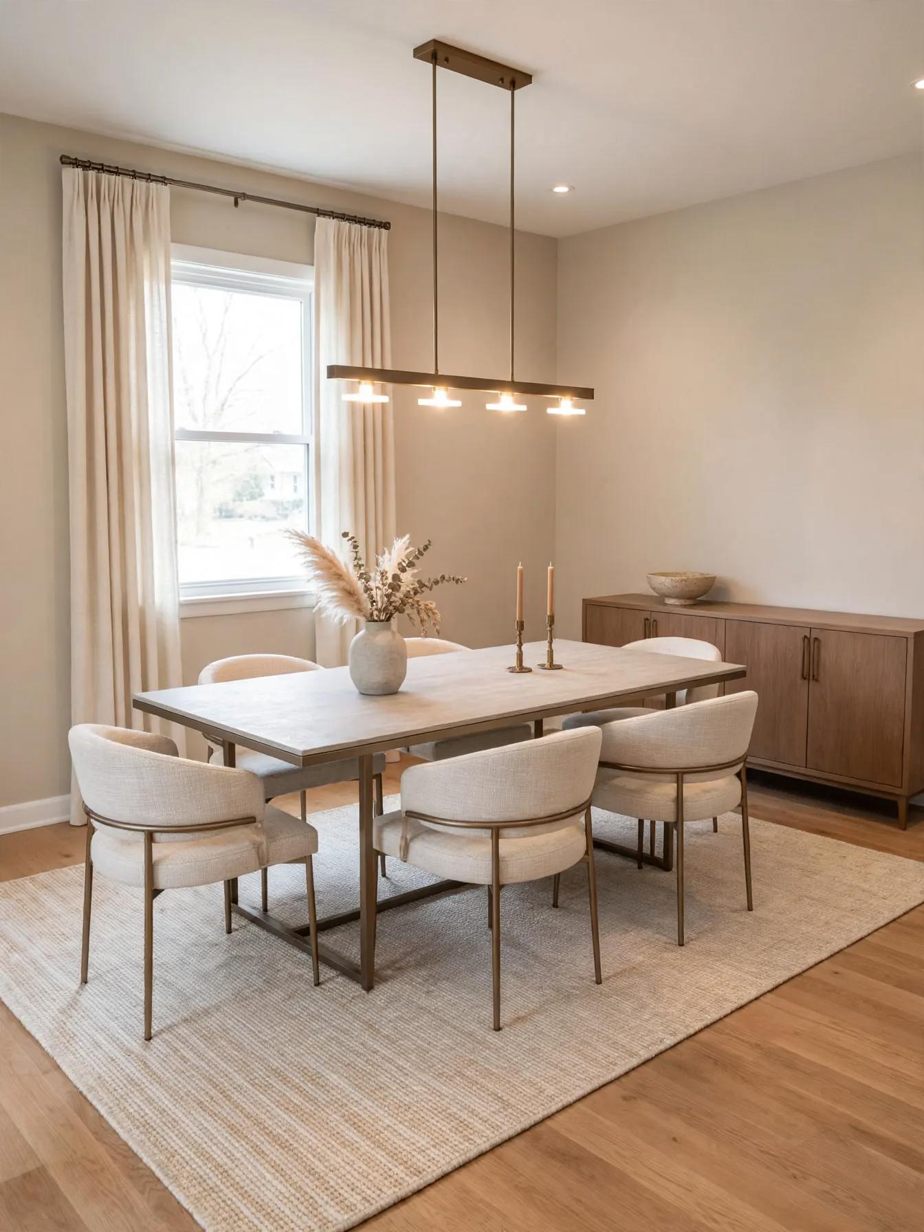 Refined dining room with upholstered beige armchairs, a light stone-top table on a large woven rug, a brass linear pendant and a low wooden sideboard against the wall.