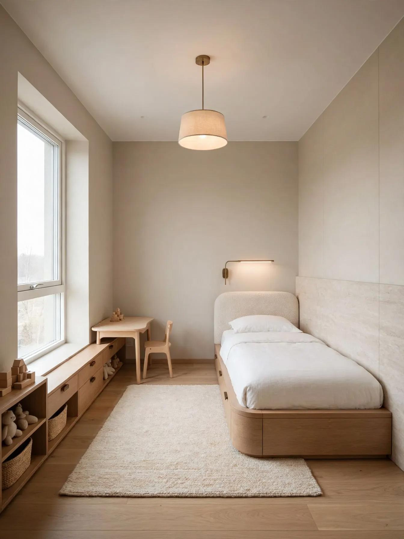 Same room with rounded upholstered headboard and storage bed, low window storage with baskets, pendant light, rug and wall sconce.