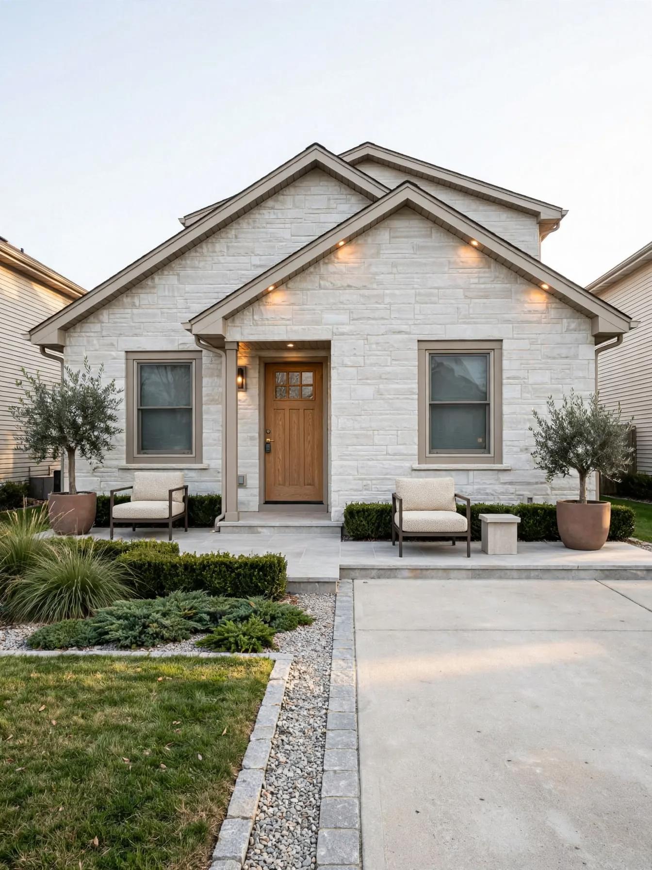 Same facade with light stone cladding on gable, raised paved porch, two chairs and planters, trimmed box hedges, gravel border and recessed gable lighting.