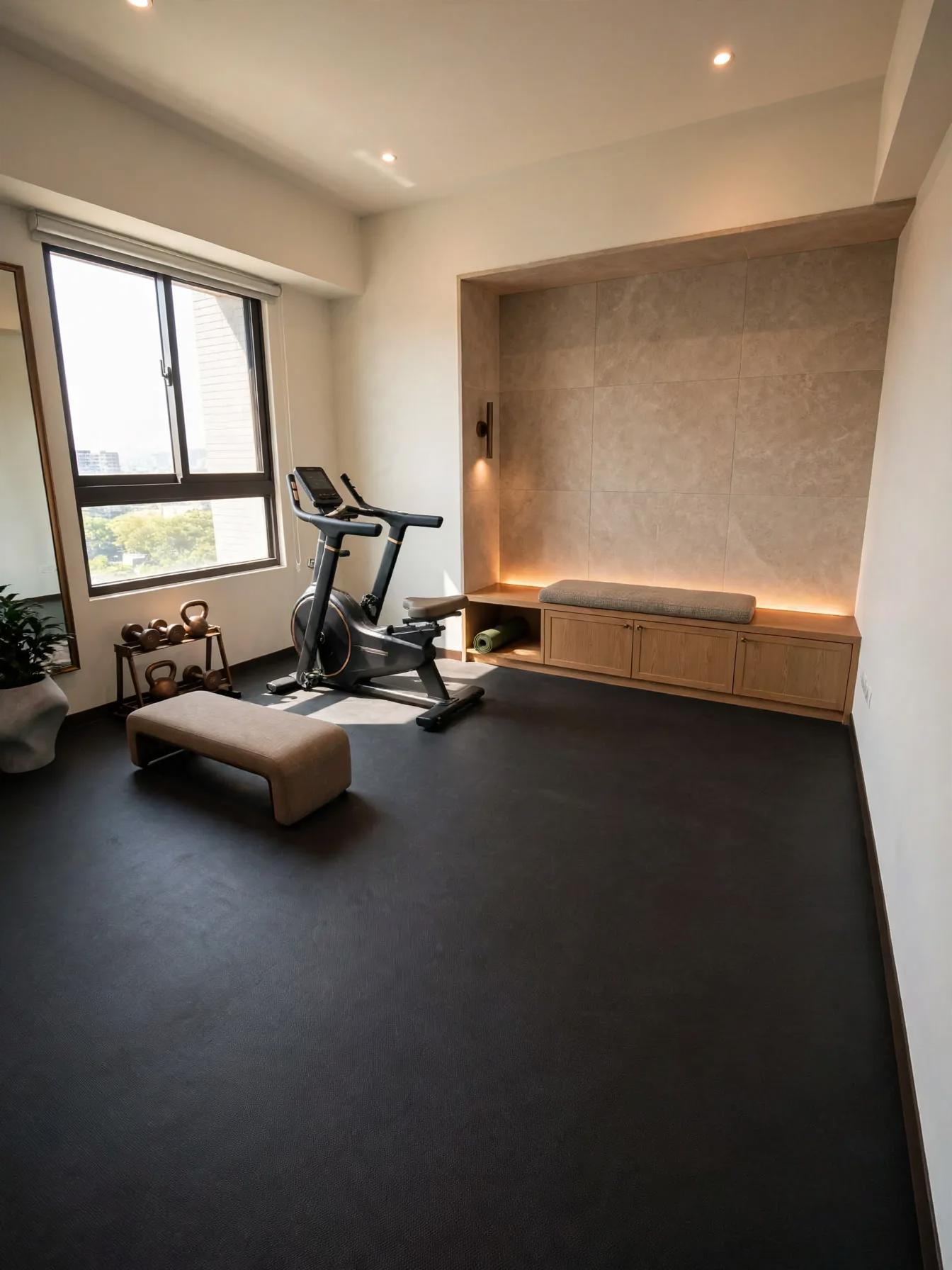 Home gym with a recessed tiled alcove, built-in wood bench with cushion and warm strip lighting, stationary bike and kettlebells by the window
