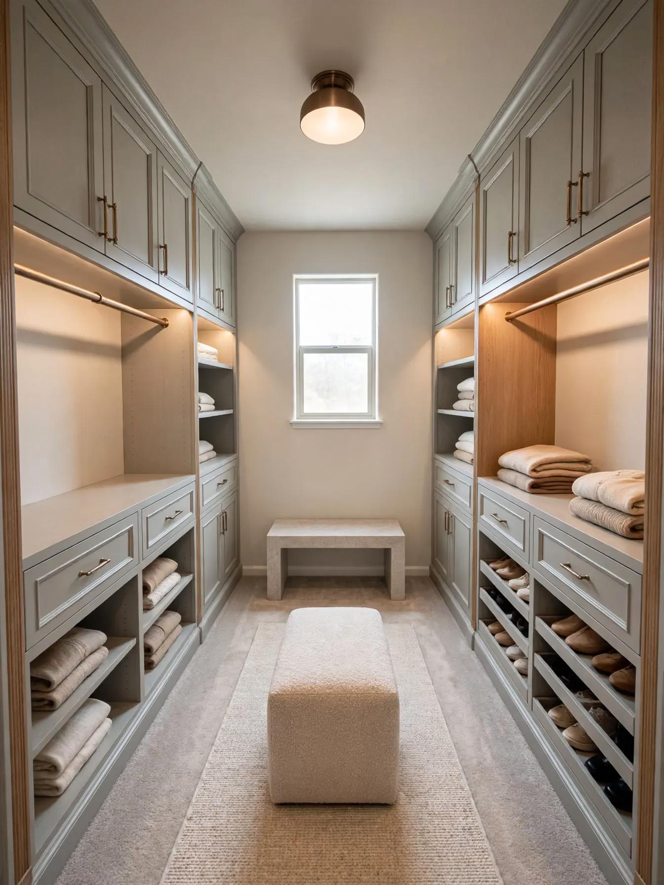 Contemporary walk in closet after AI virtual staging by Renovaitor: Built-in gray cabinetry and bench framed around a central window