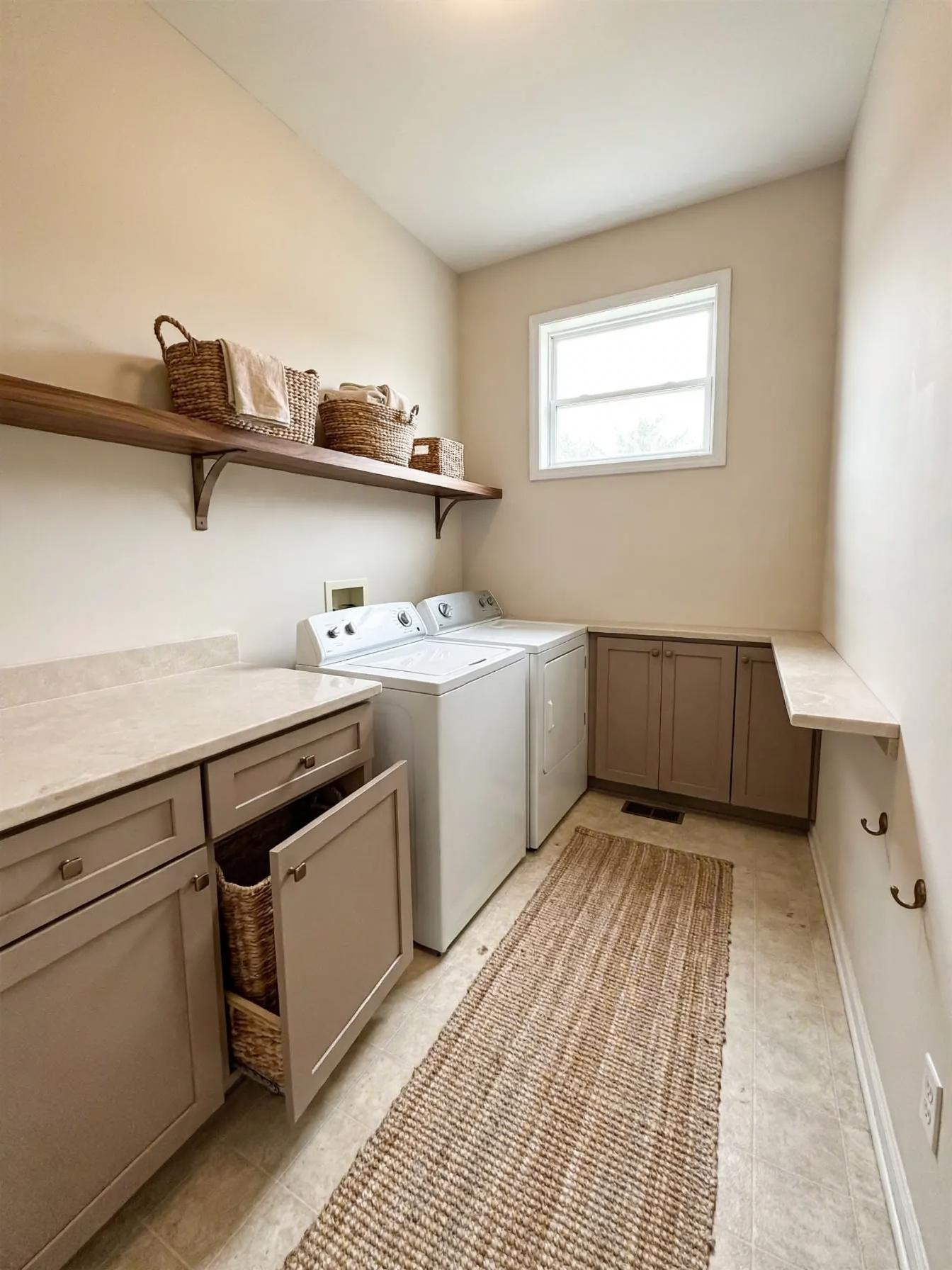 Scandinavian laundry room after AI virtual staging by Renovaitor: Long neutral laundry with floating wood shelf and taupe cabinets