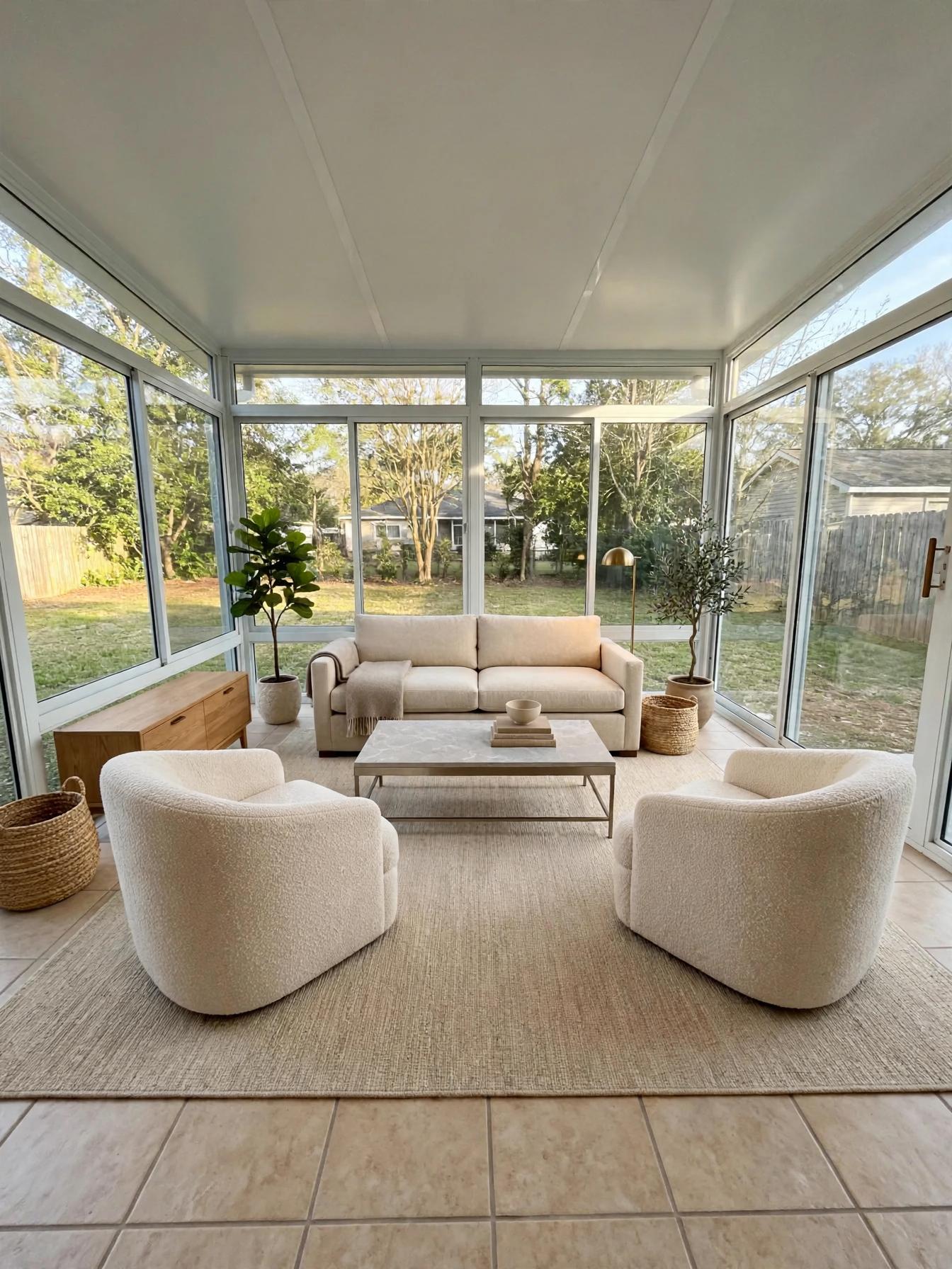 Contemporary sunroom after AI virtual staging by Renovaitor: Floor-to-ceiling sunroom staged with plush neutral seating