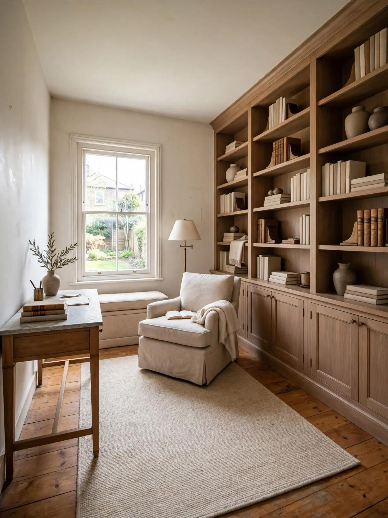 Contemporary home office after AI virtual staging by Renovaitor: Floor-to-ceiling walnut bookcase anchors narrow library room