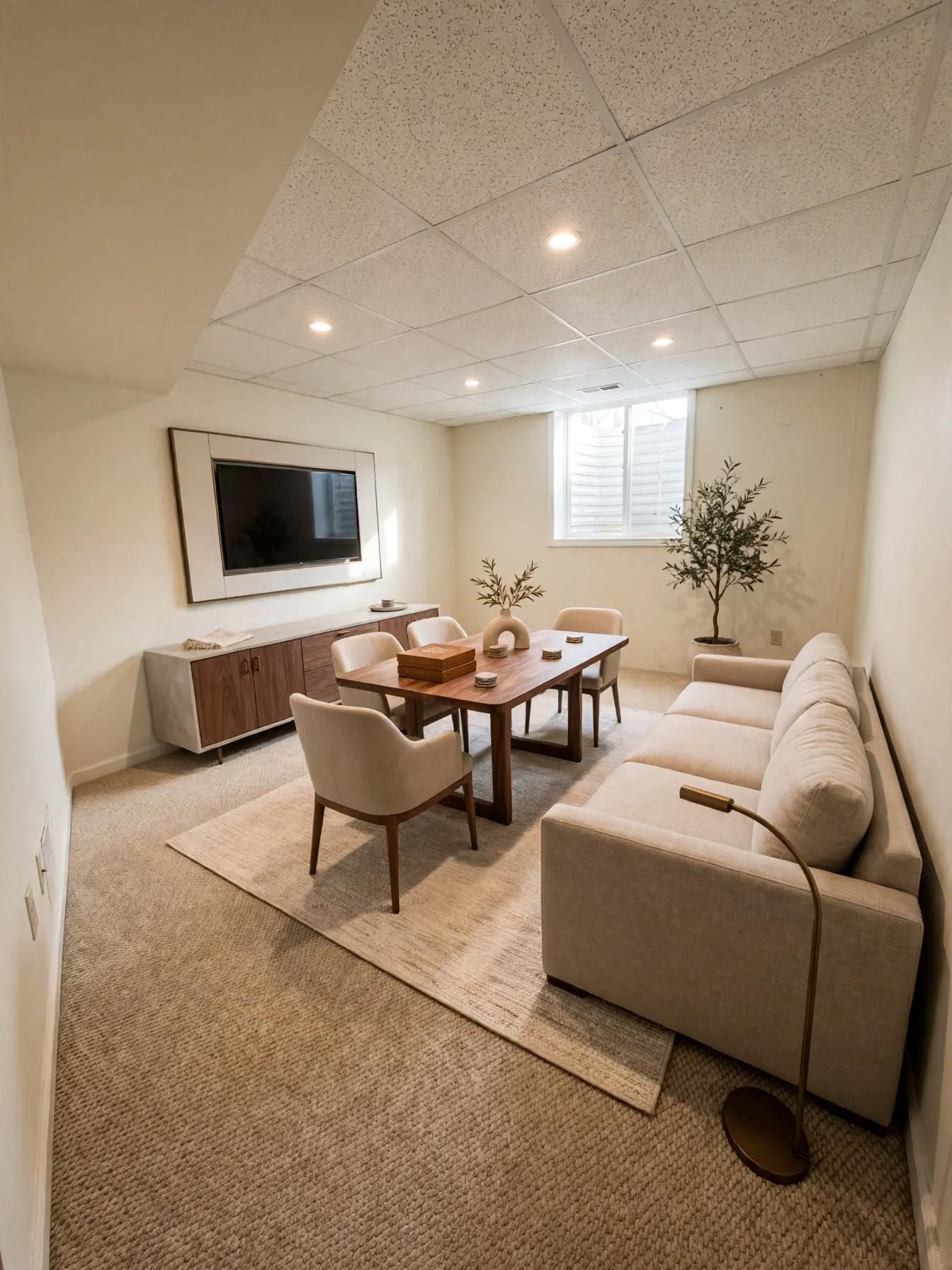 Staged basement living area with beige sofa, wood table and chairs on a rug, console and TV overlaid on the window wall, recessed ceiling lights.
