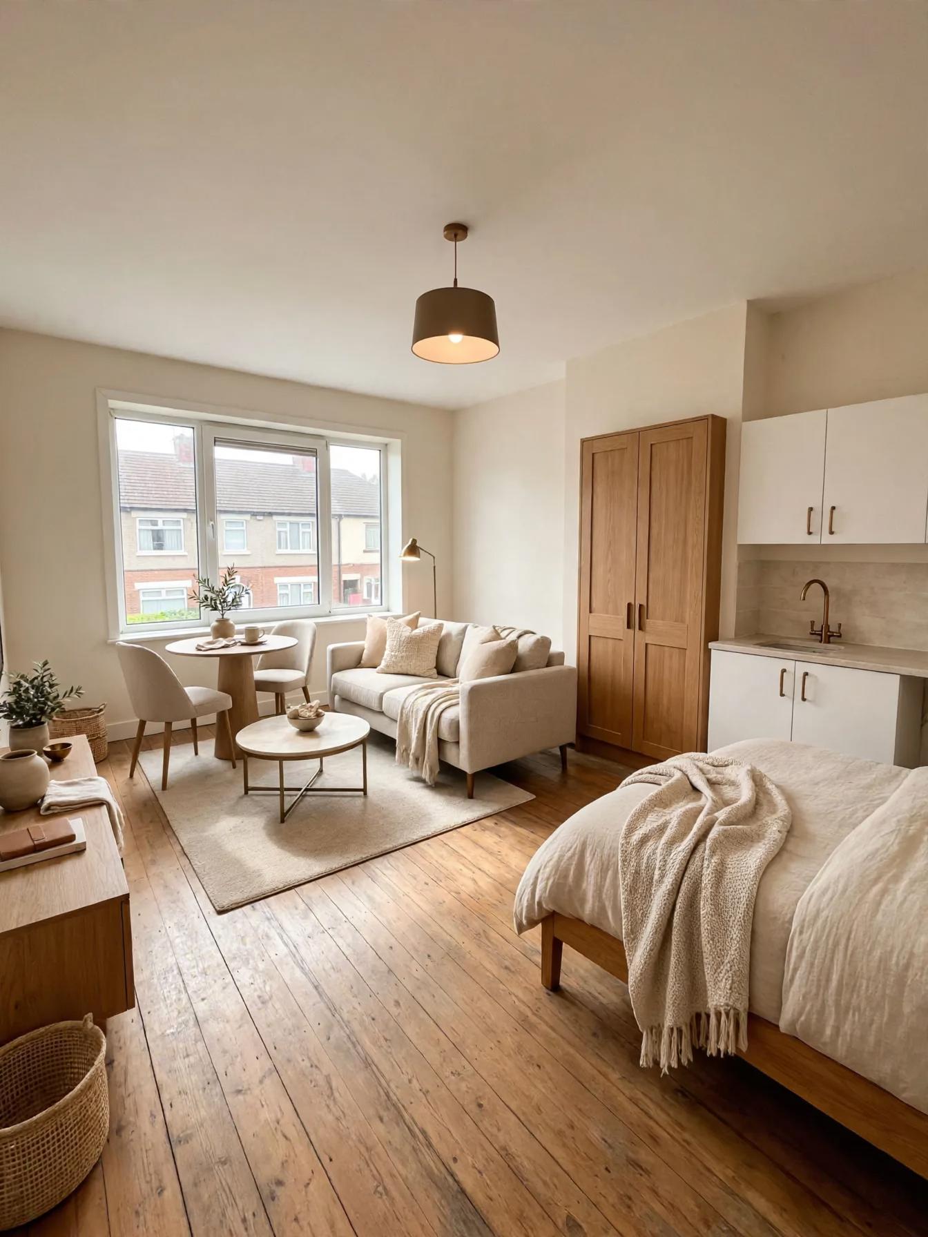 Staged studio with two-seat sofa, round dining table, rug, bed, oak wardrobe and pendant lamp keeping window unobstructed