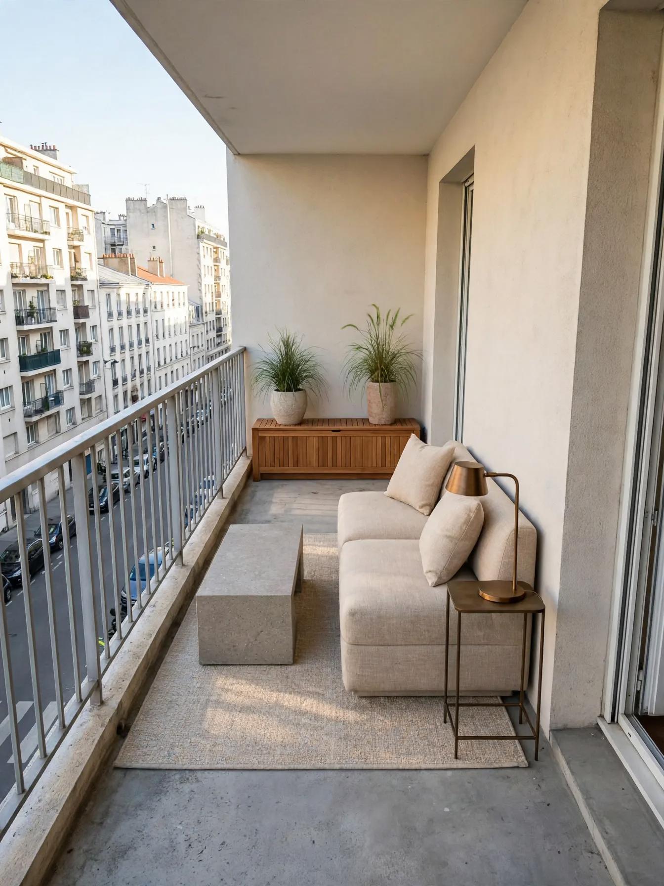 Contemporary outdoor after AI virtual staging by Renovaitor: Narrow Parisian Balcony Staged with Low-Profile Sofa and Bench