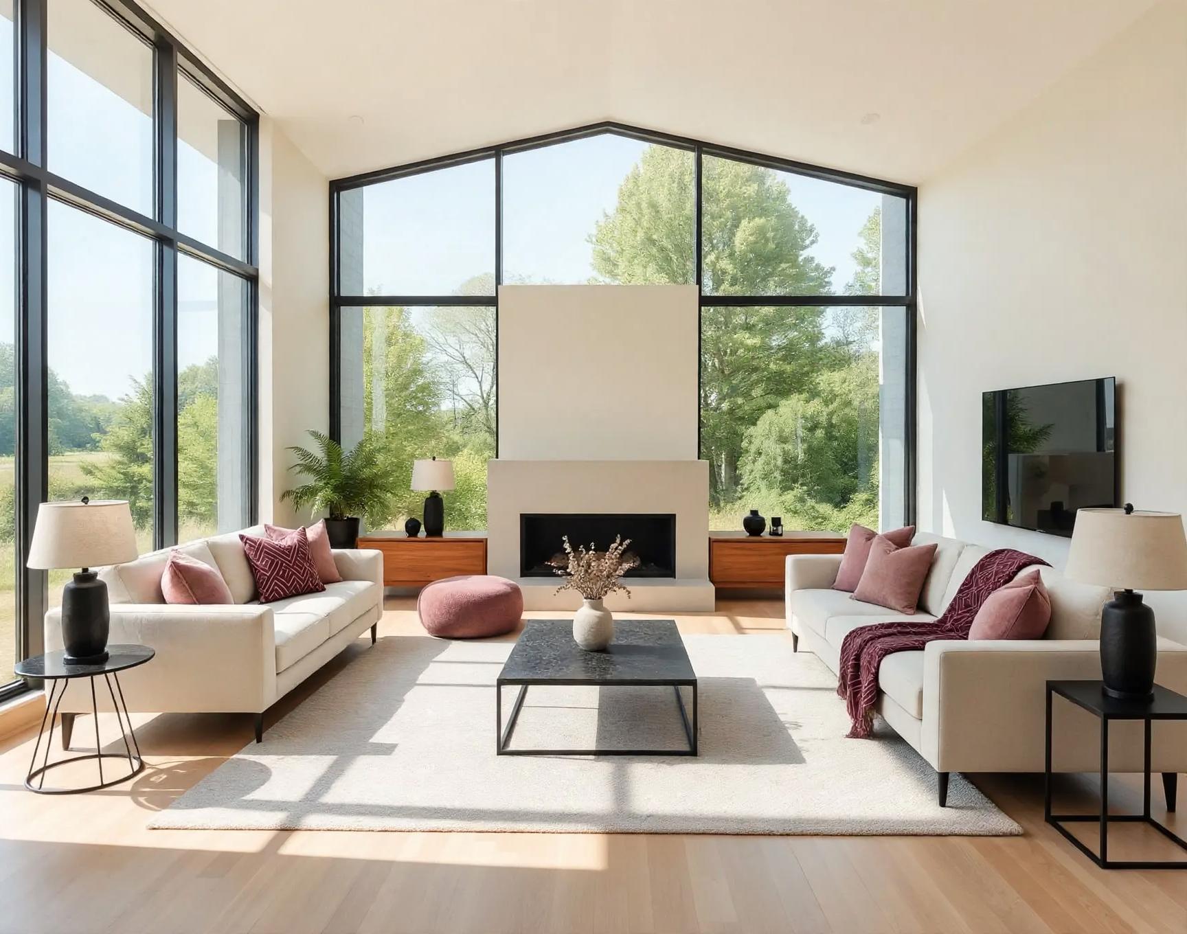 Contemporary living room after AI virtual staging by Renovaitor: Vaulted window wall with symmetrical sofas and blush accents