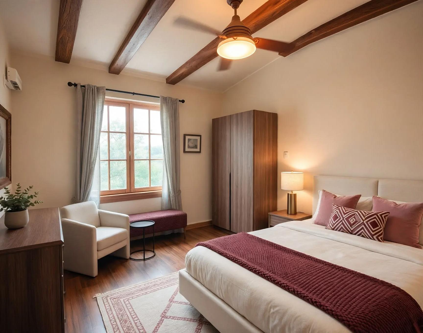 Contemporary bedroom after AI virtual staging by Renovaitor: Exposed ceiling beams with soft blush accents in bedroom refresh