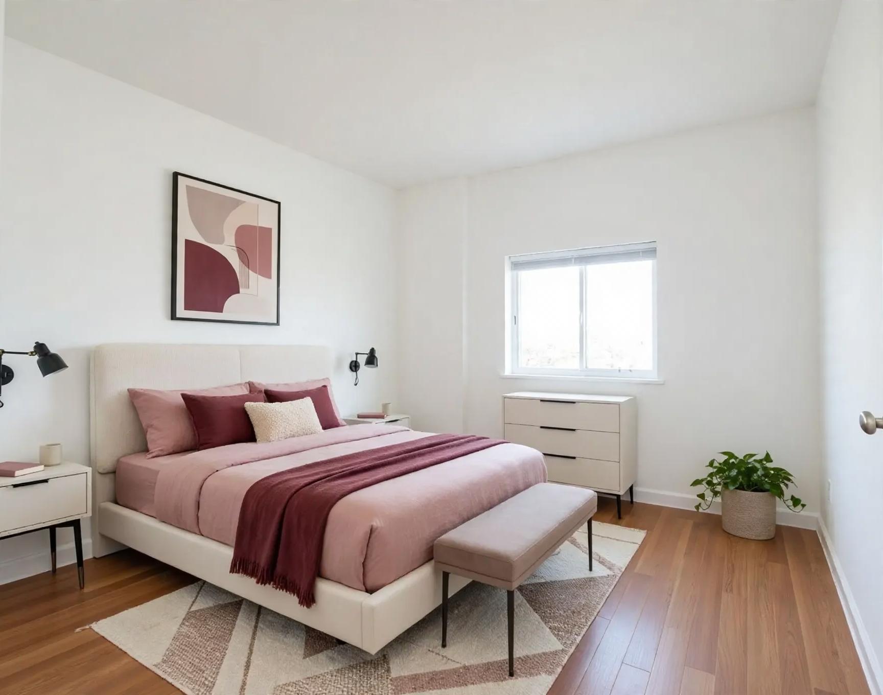 Contemporary bedroom after AI virtual staging by Renovaitor: Soft rose bedding anchors a simple white bedroom refresh