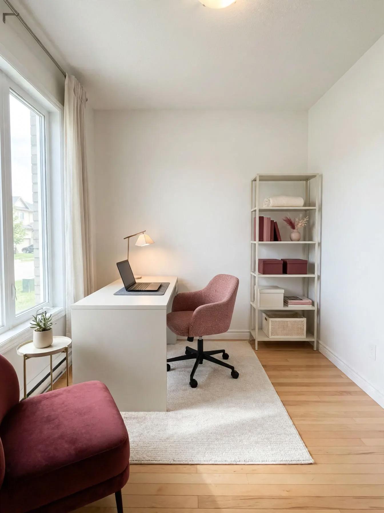 Contemporary home office after AI virtual staging by Renovaitor: Tall Window Light and Blush Accent Chair in Compact Home Office