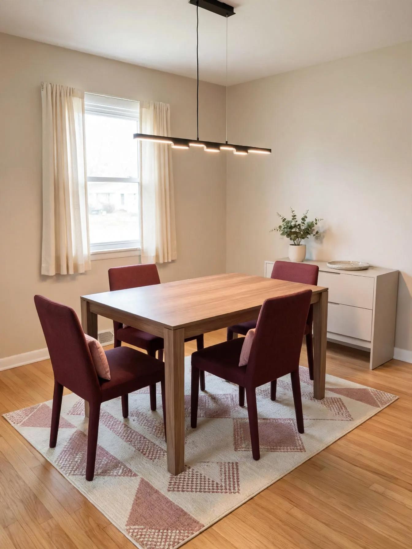 Contemporary dining room after AI virtual staging by Renovaitor: Linear black pendant centered over wood table with burgundy chairs