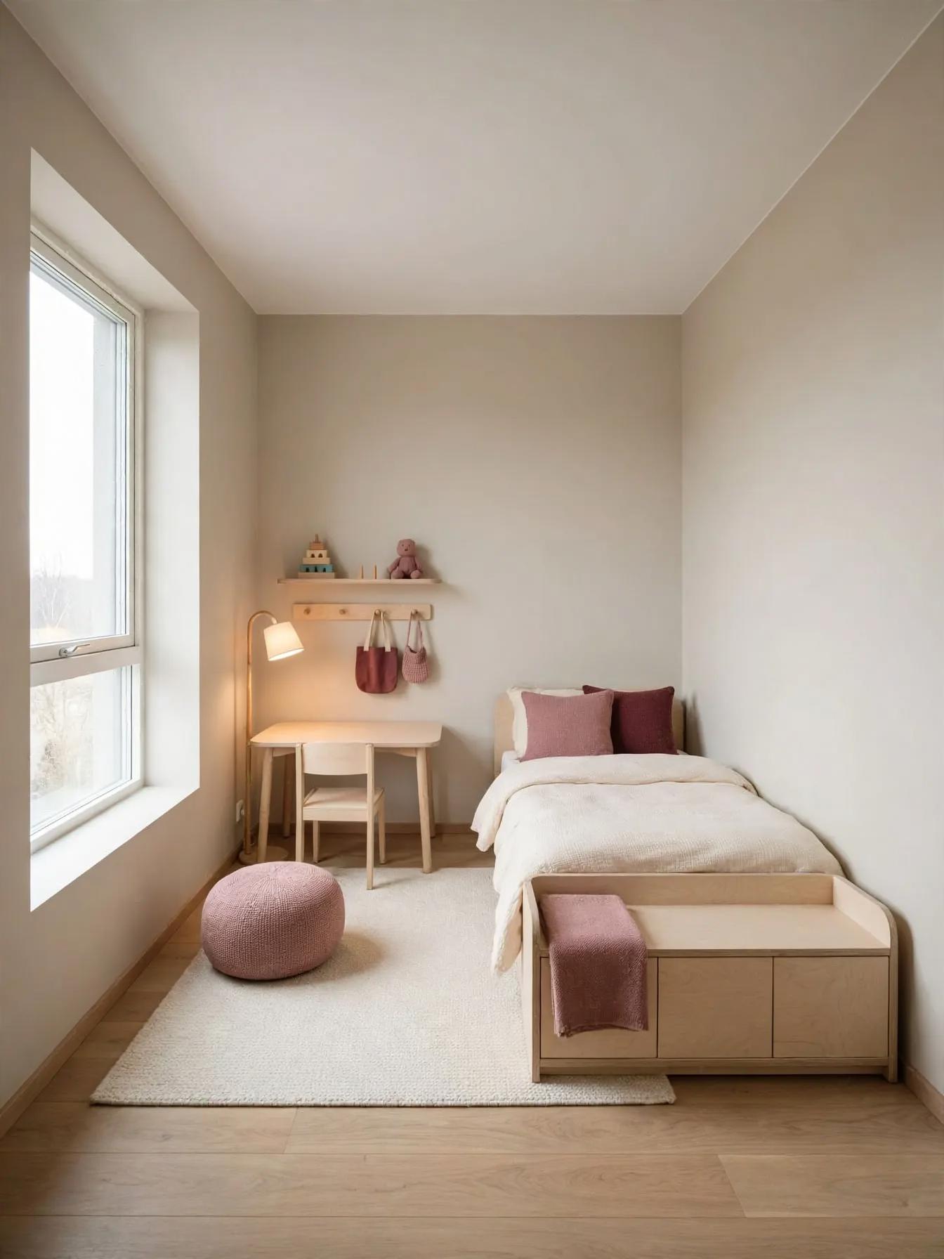 Contemporary kids room after AI virtual staging by Renovaitor: Tall window framed by a single bed with soft pink accents