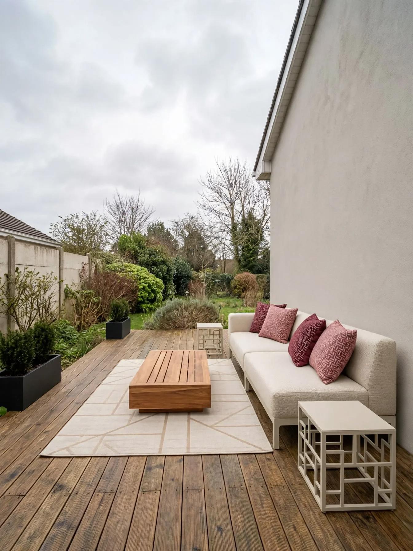 Contemporary outdoor after AI virtual staging by Renovaitor: Neutral outdoor deck with beige sofa and blush pillows