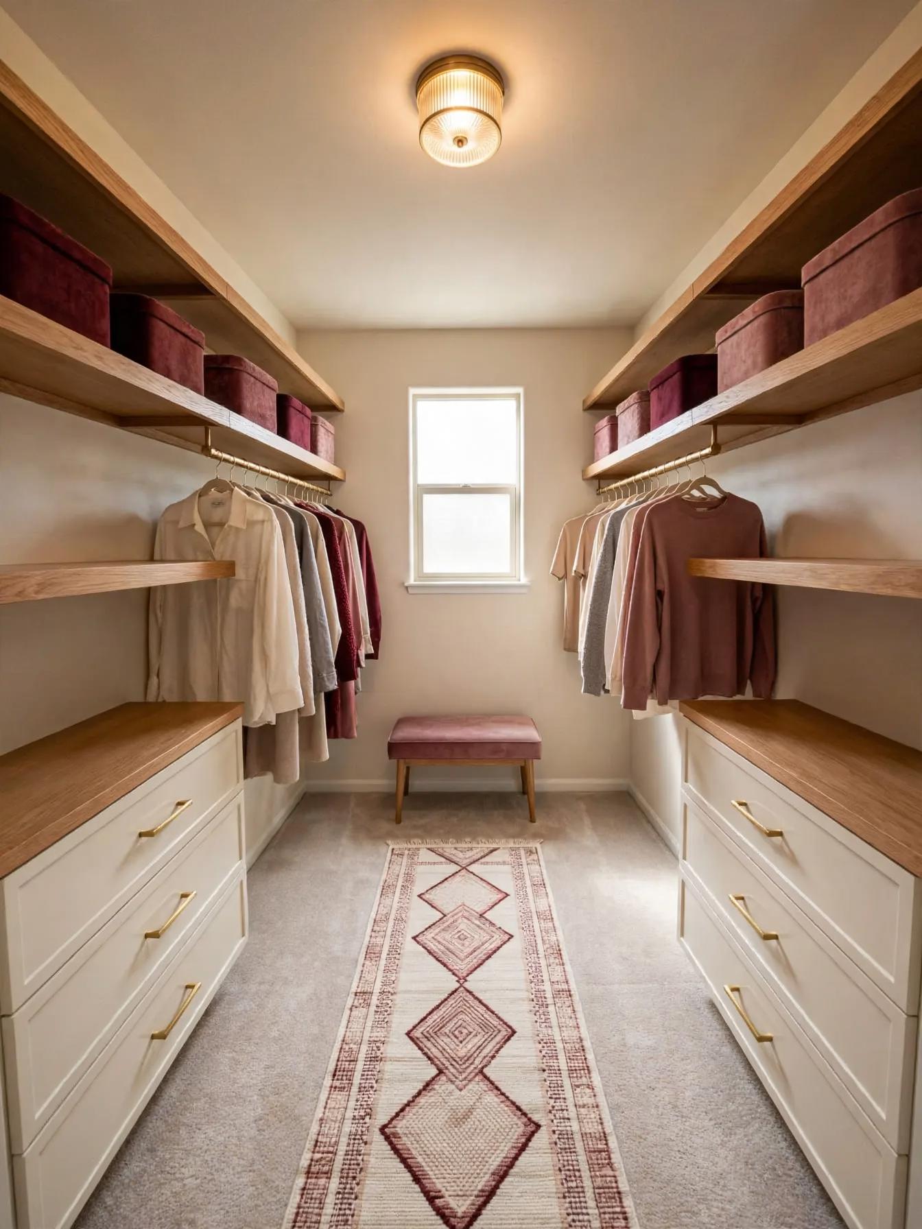 Contemporary walk in closet after AI virtual staging by Renovaitor: Window-centered walk-in with blush accents and built-ins