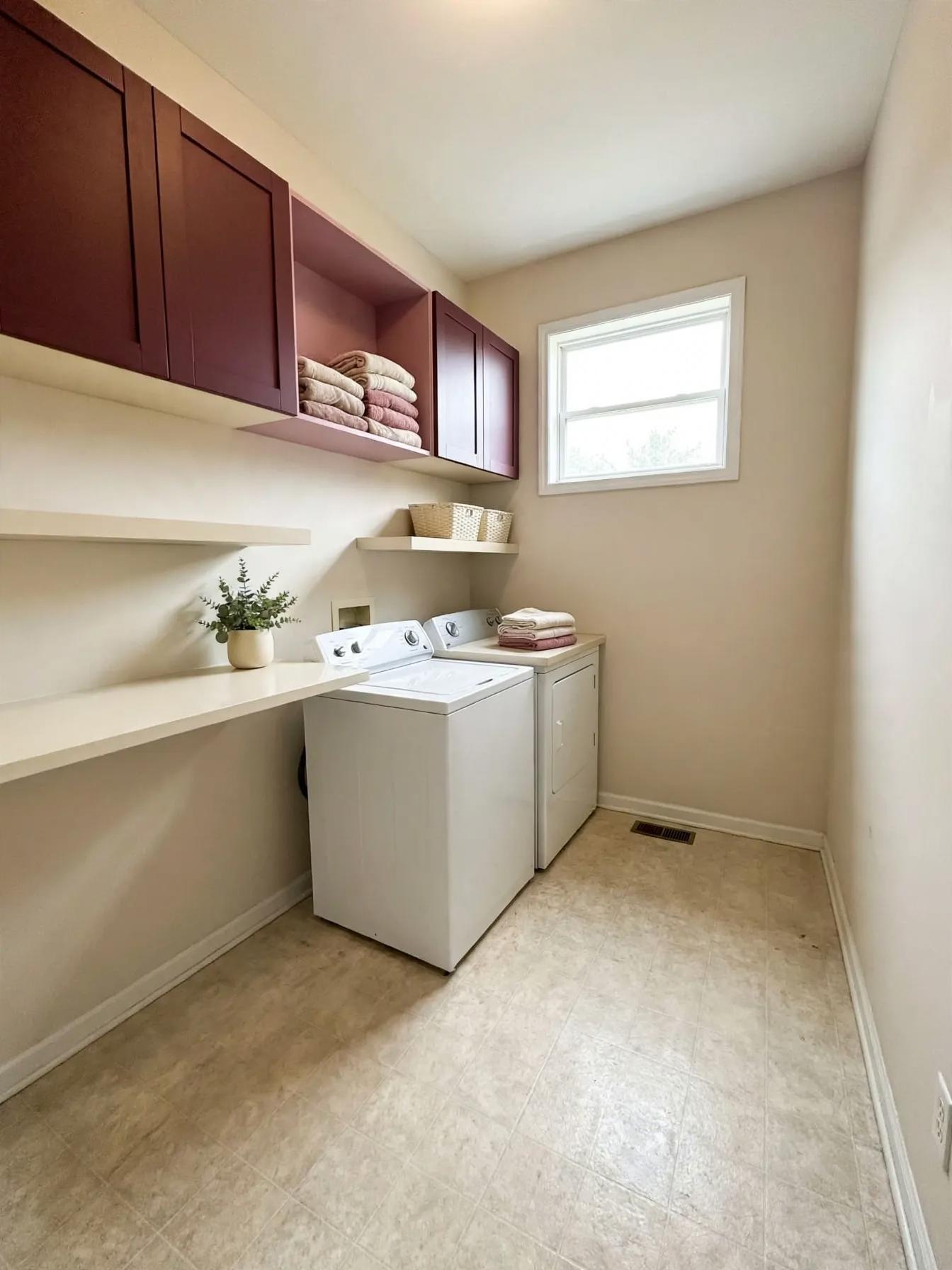 Contemporary laundry room after AI virtual staging by Renovaitor: Mauve Upper Cabinets Add Vertical Interest to Narrow Laundry