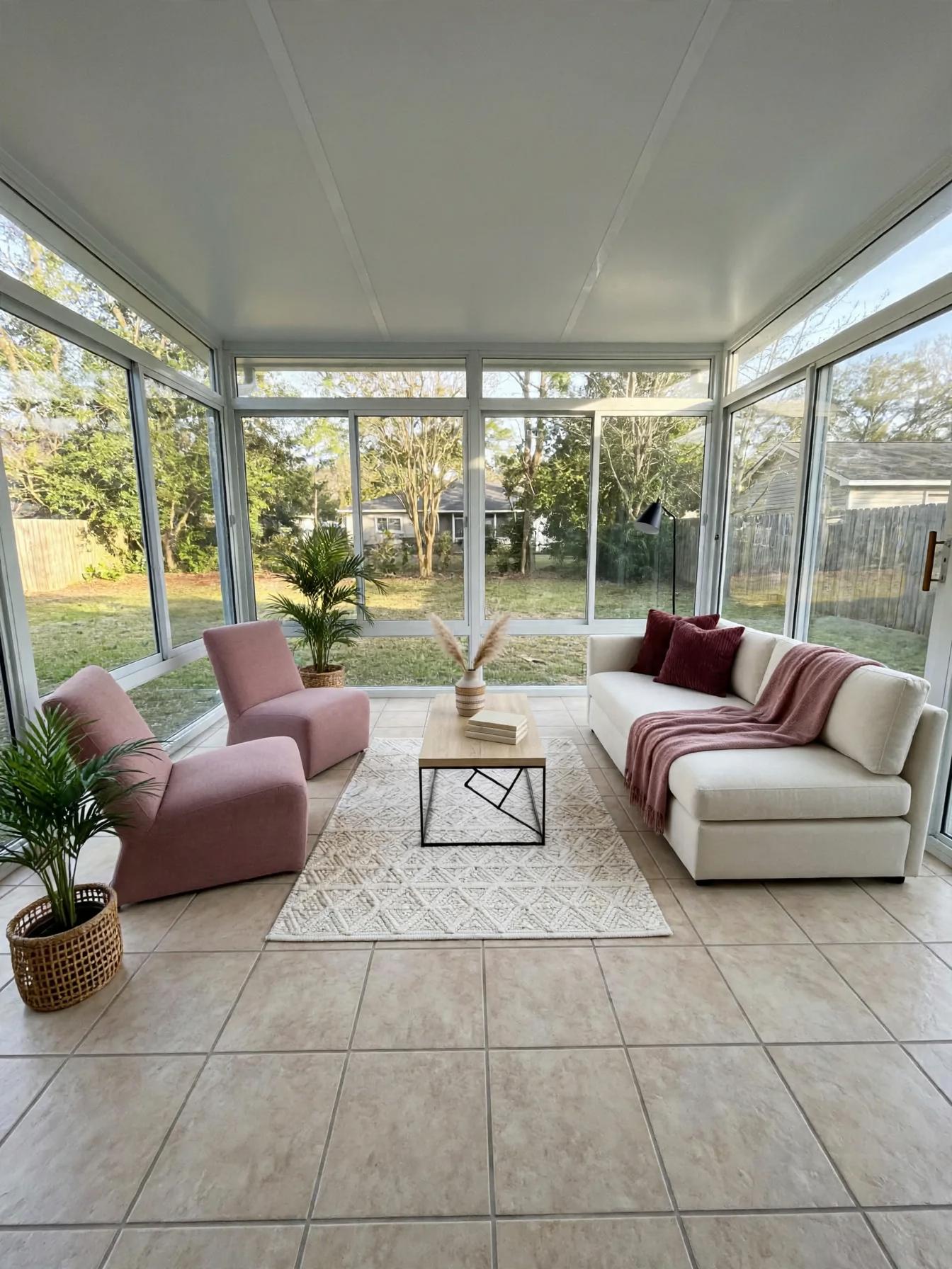 Contemporary sunroom after AI virtual staging by Renovaitor: Corner sunroom with pink lounge chairs and cream sofa layout