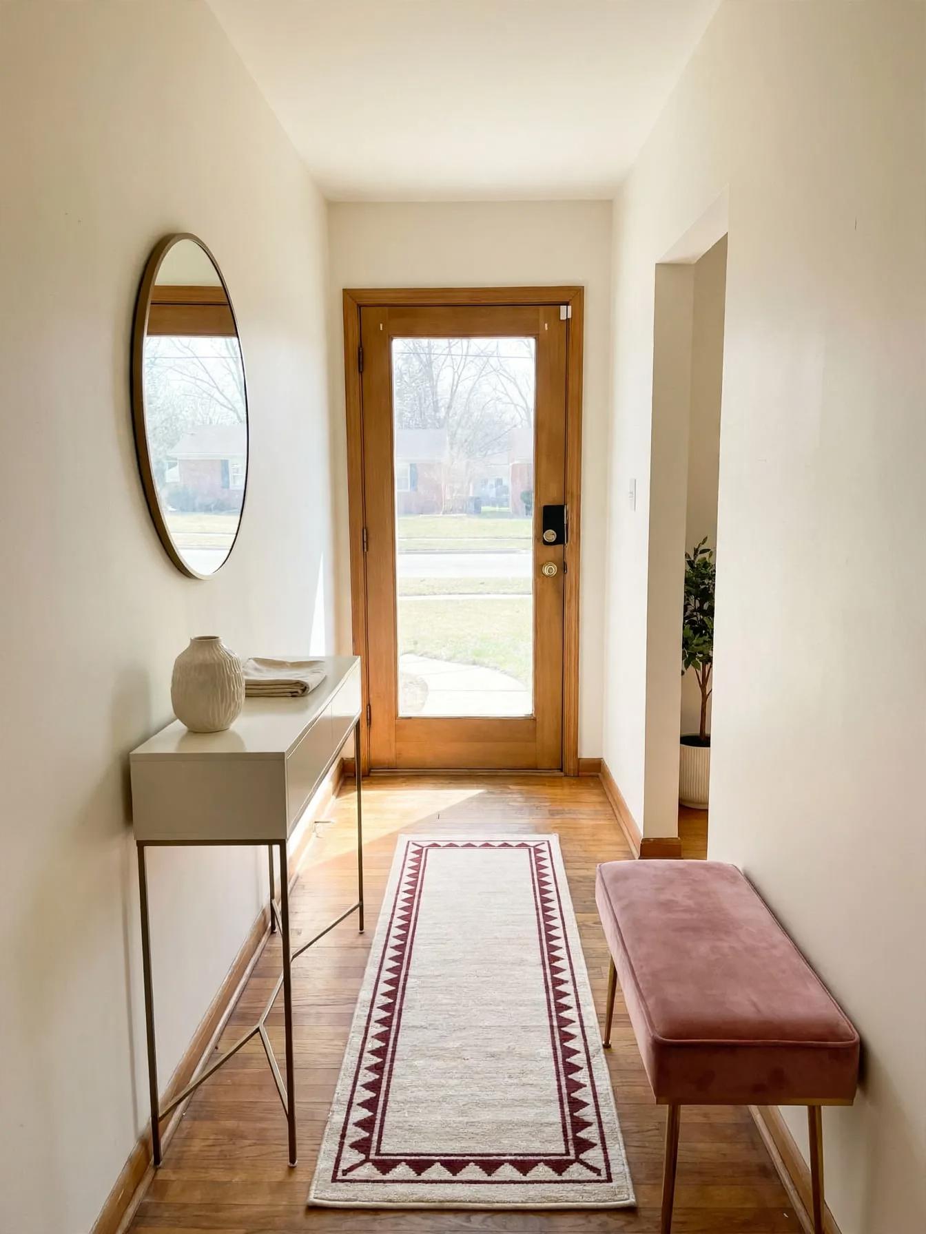 Contemporary entryway after AI virtual staging by Renovaitor: Tall glass-panel wooden door framed entry styling with blush bench