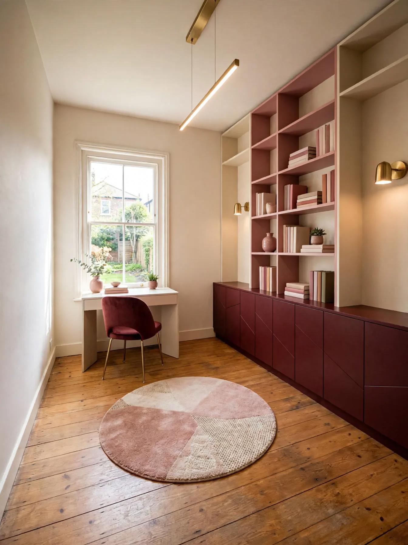 Contemporary home office after AI restyle by Renovaitor: Tall sash window with built-in burgundy shelving and desk