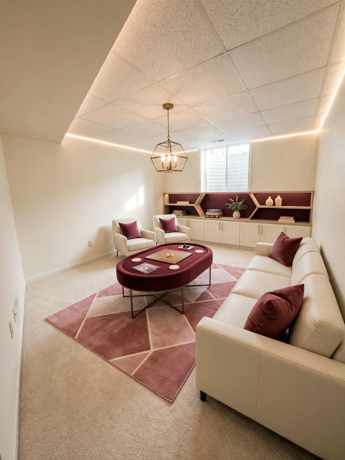 Contemporary basement after AI restyle by Renovaitor: Basement window wall with built-in media and mauve accents