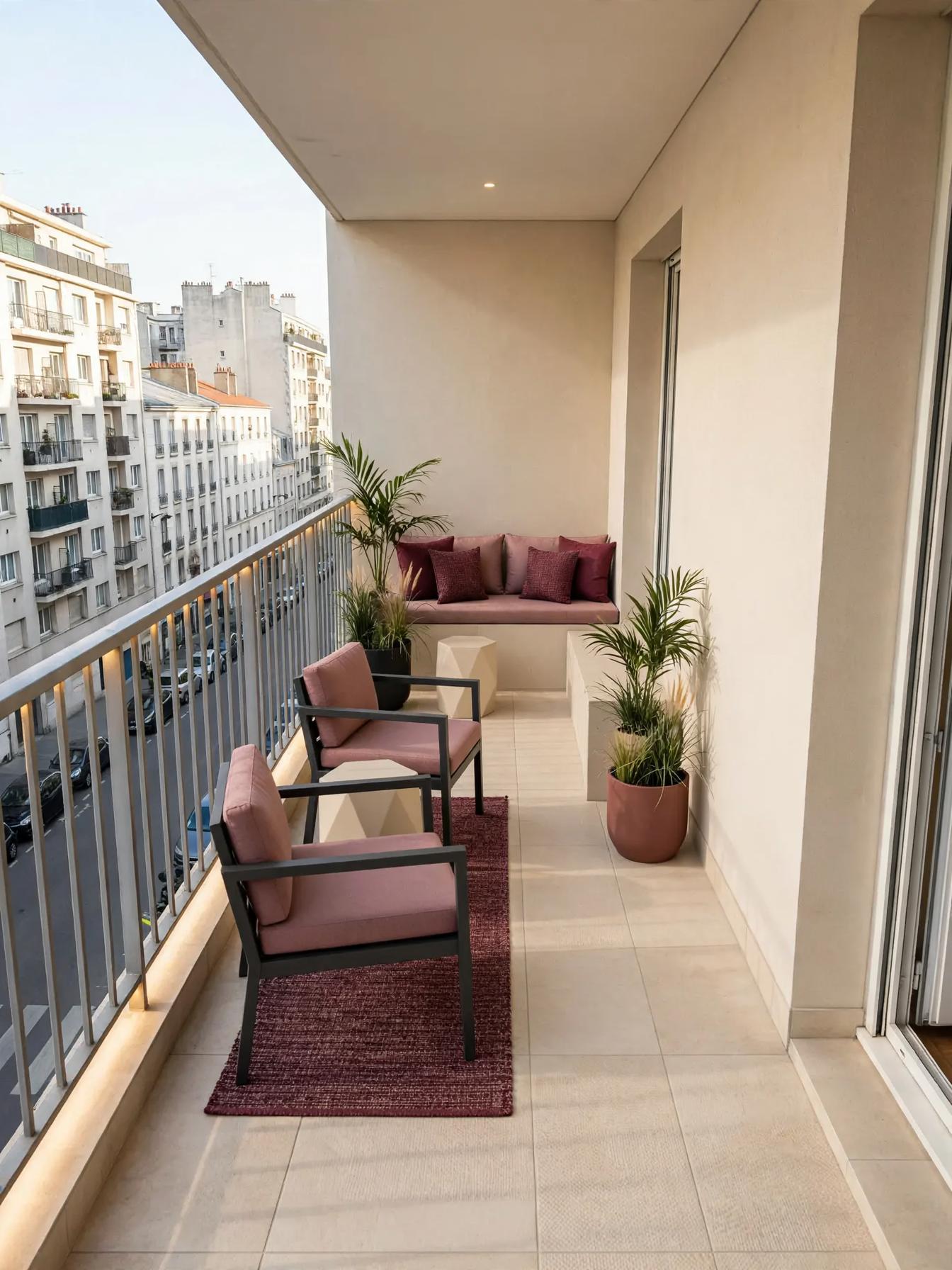Contemporary outdoor after AI restyle by Renovaitor: Narrow city balcony transformed with built-in bench and rose seating