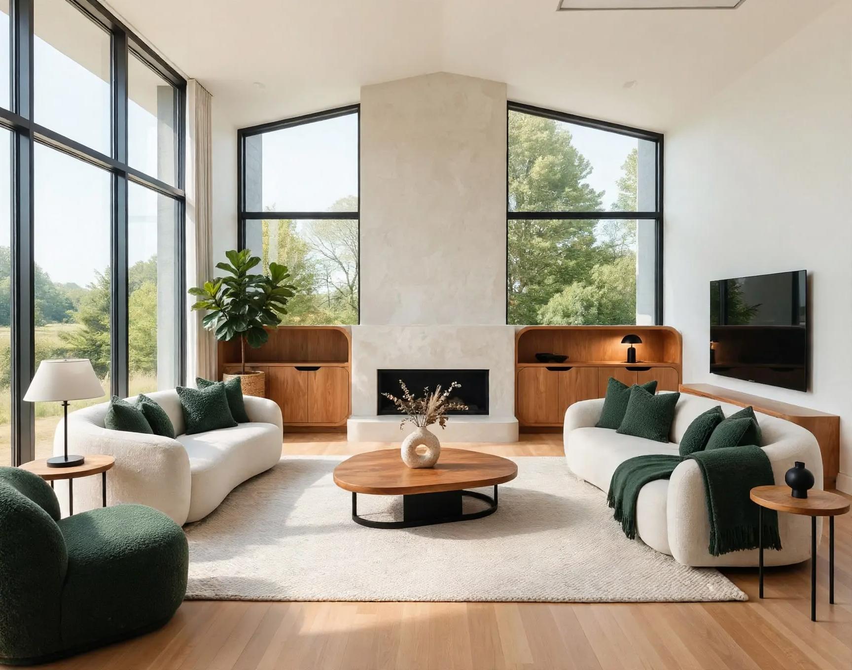 Same vaulted window room with curved white boucle sofas, round wooden coffee table, integrated wood built-ins flanking a plastered chimney and deep green cushions.