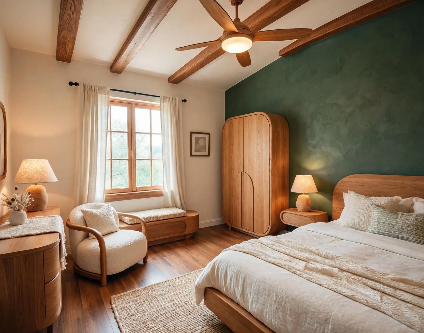 Organic-modern bedroom with deep green accent wall, curved oak wardrobe and bed, boucle armchair, woven jute rug and light linen bedding