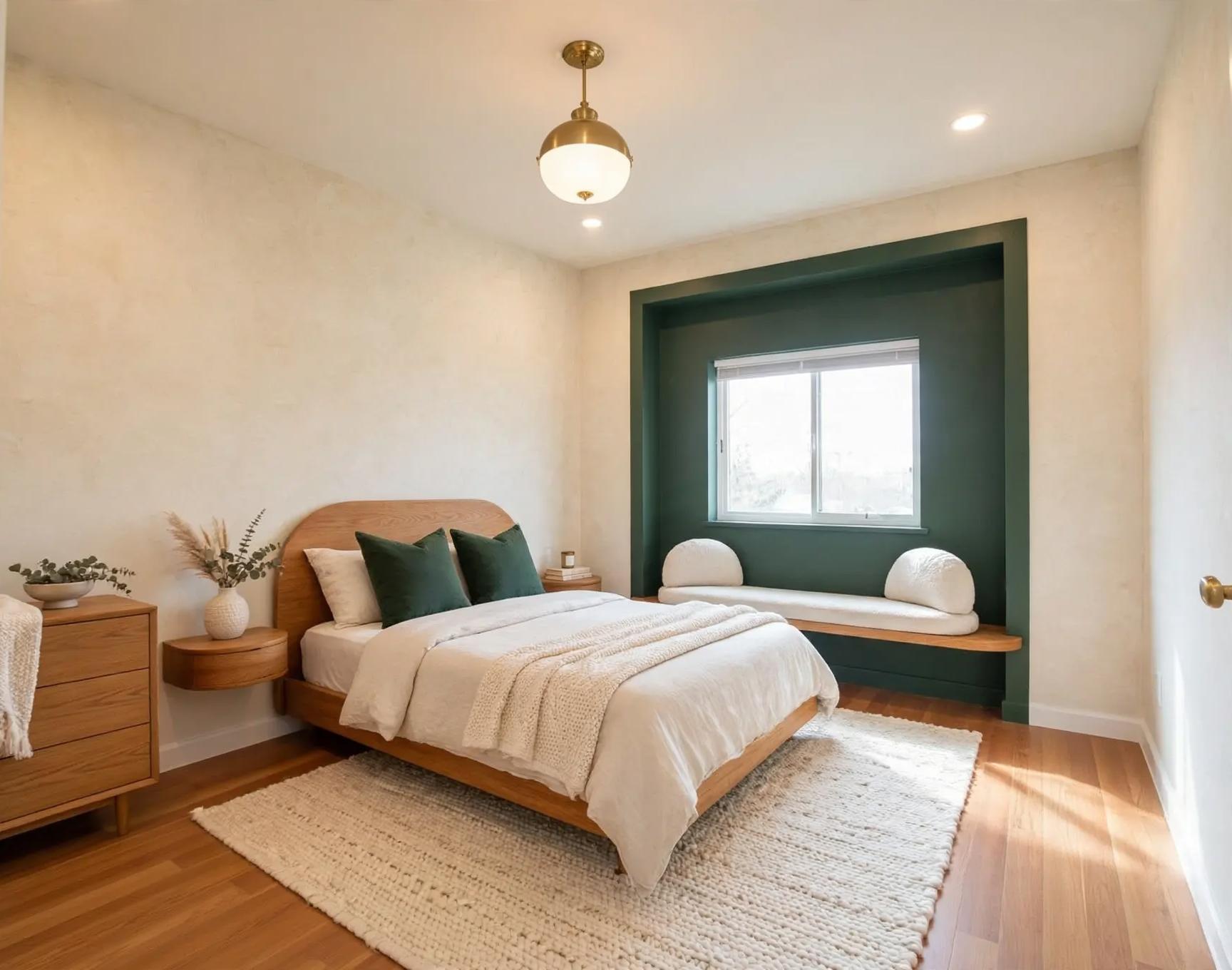 Organic-modern bedroom with deep green window alcove, built-in wood bench, low wood bed, rug and brass pendant