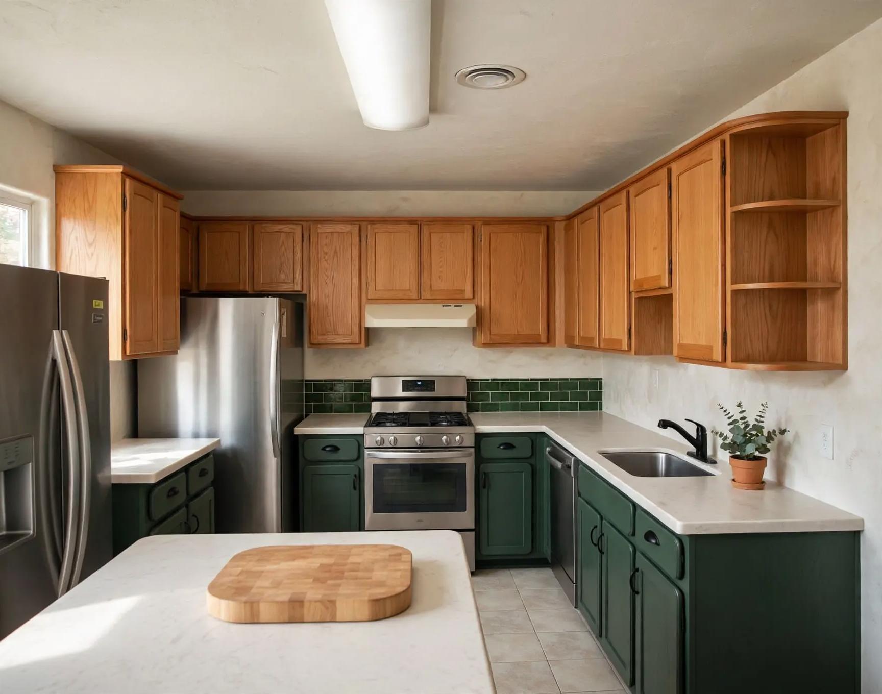 Modern kitchen after AI restyle by Renovaitor: Deep green lower cabinets with open corner shelving and butcher block island accent