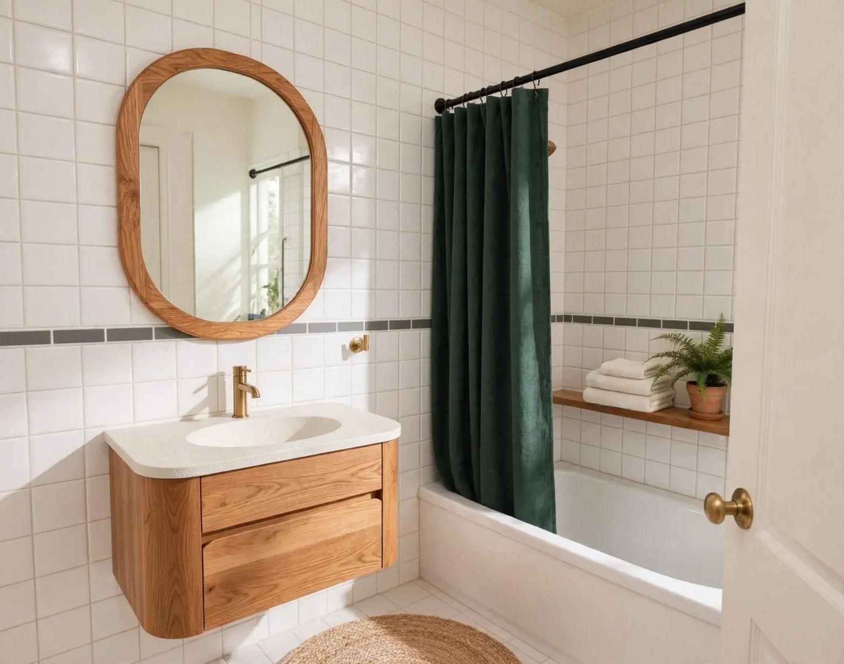 Same tiled bathroom reimagined with rounded oak floating vanity, oval oak mirror, brass faucet, deep green shower curtain and a wooden tub shelf with towels and plant.