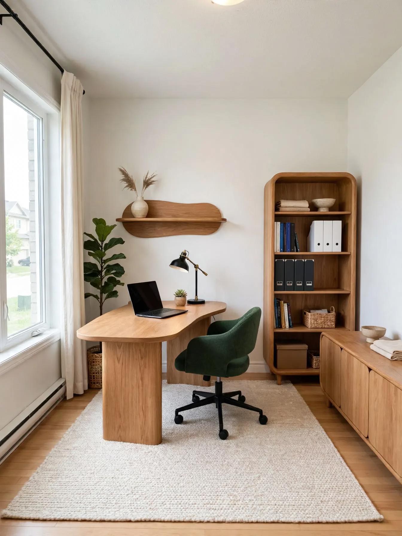 Organic modern office with rounded oak desk, green upholstered swivel chair, matching low cabinet, woven rug, wooden wall shelf and potted plant