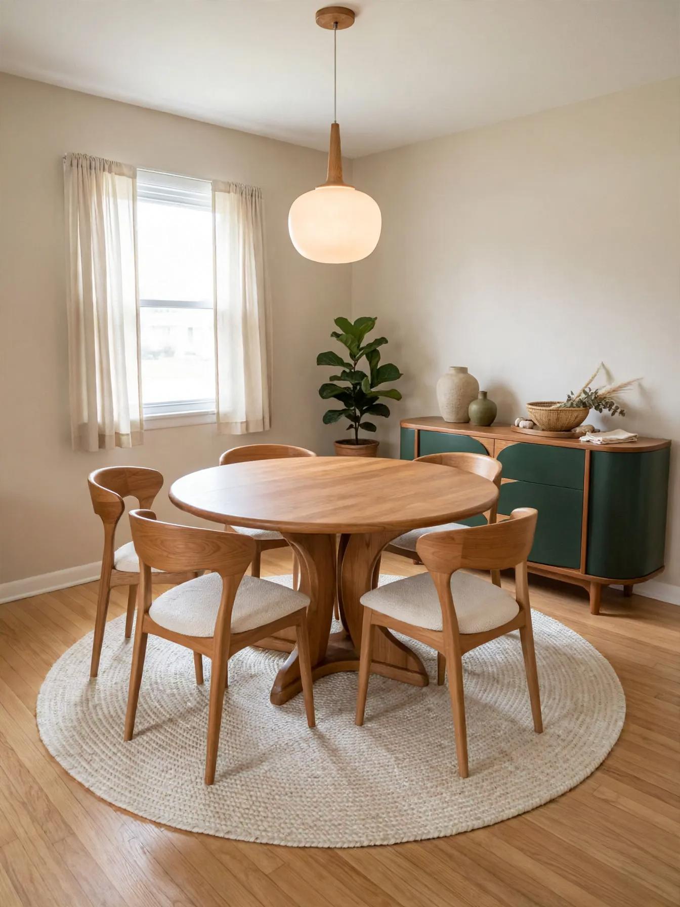 Modern dining room after AI restyle by Renovaitor: Round oak dining set with green sideboard and pendant light