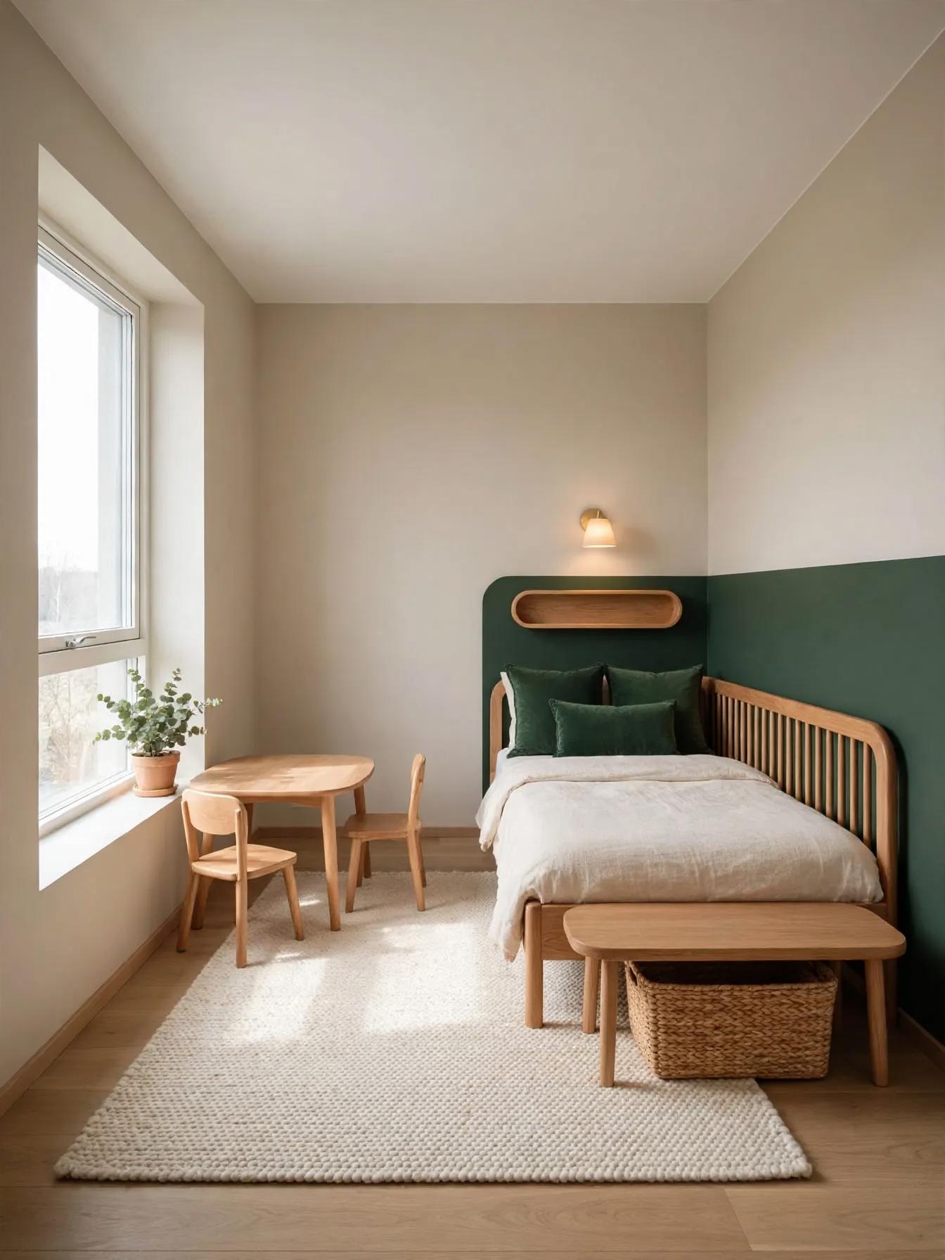 Same narrow kids room with dark green half-wall behind bed, rounded wooden shelf, green cushions, bench with woven basket and chunky neutral rug.