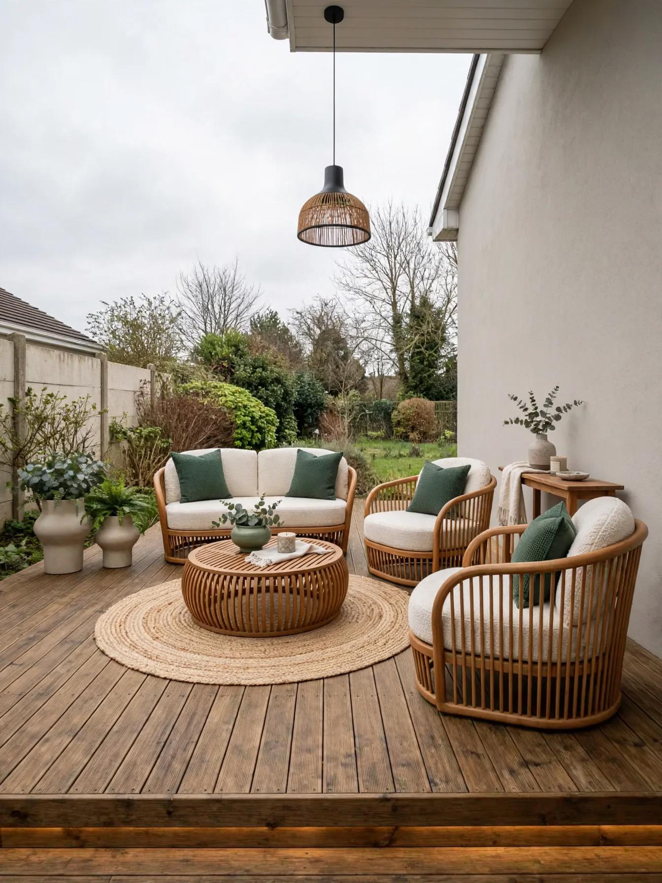 Wooden deck with round rattan sofa and armchairs, low slatted rattan coffee table on a round jute rug, hanging woven pendant and potted plants