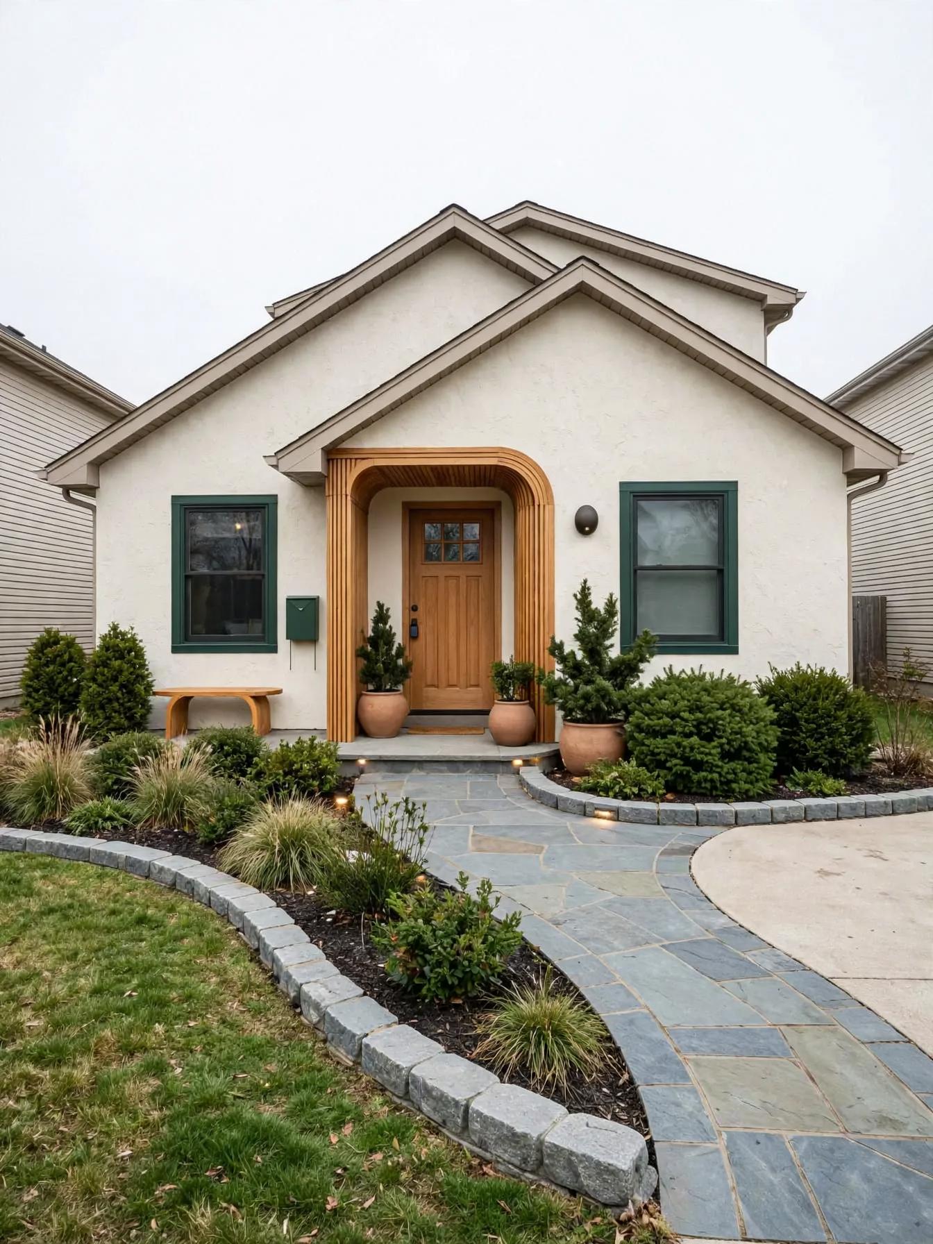 Same facade reimagined with light stucco-like finish, arched wooden entry surround, green-trim windows, curved bluestone path and raised stone planting beds