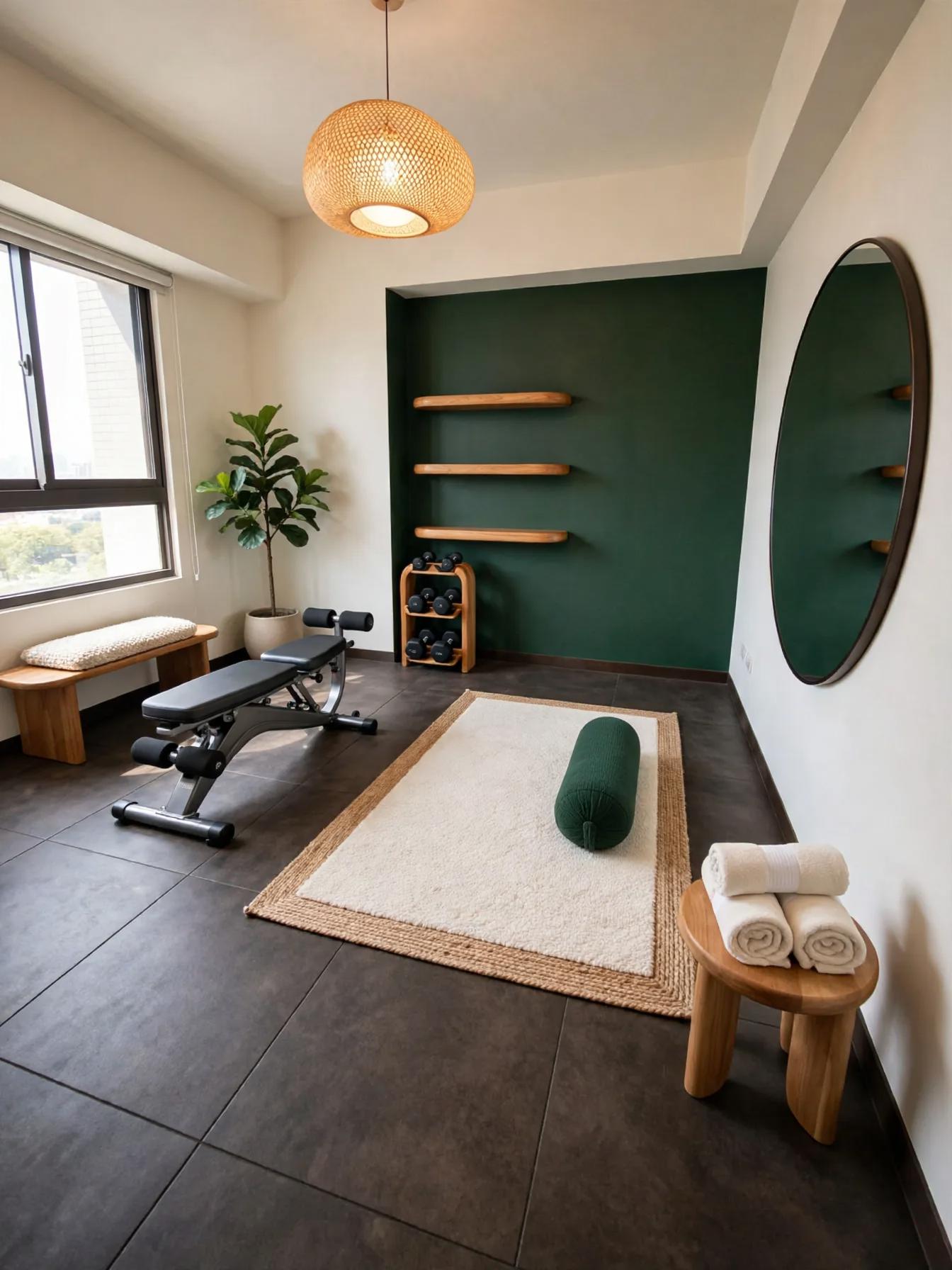 Modern home gym after AI restyle by Renovaitor: Recessed green accent niche anchors this home gym