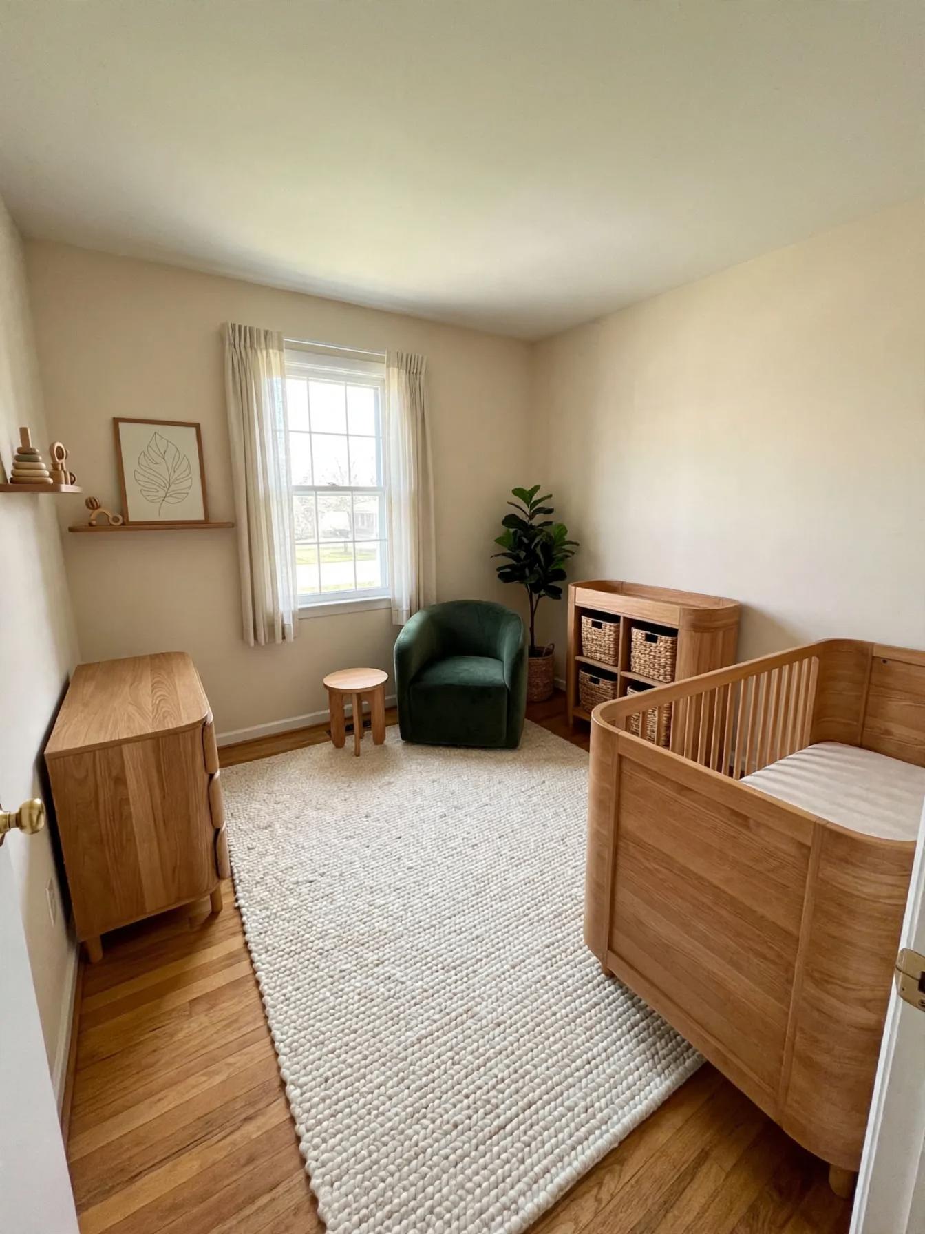 Modern nursery after AI restyle by Renovaitor: Soft organic nursery with rounded oak crib and cream rug