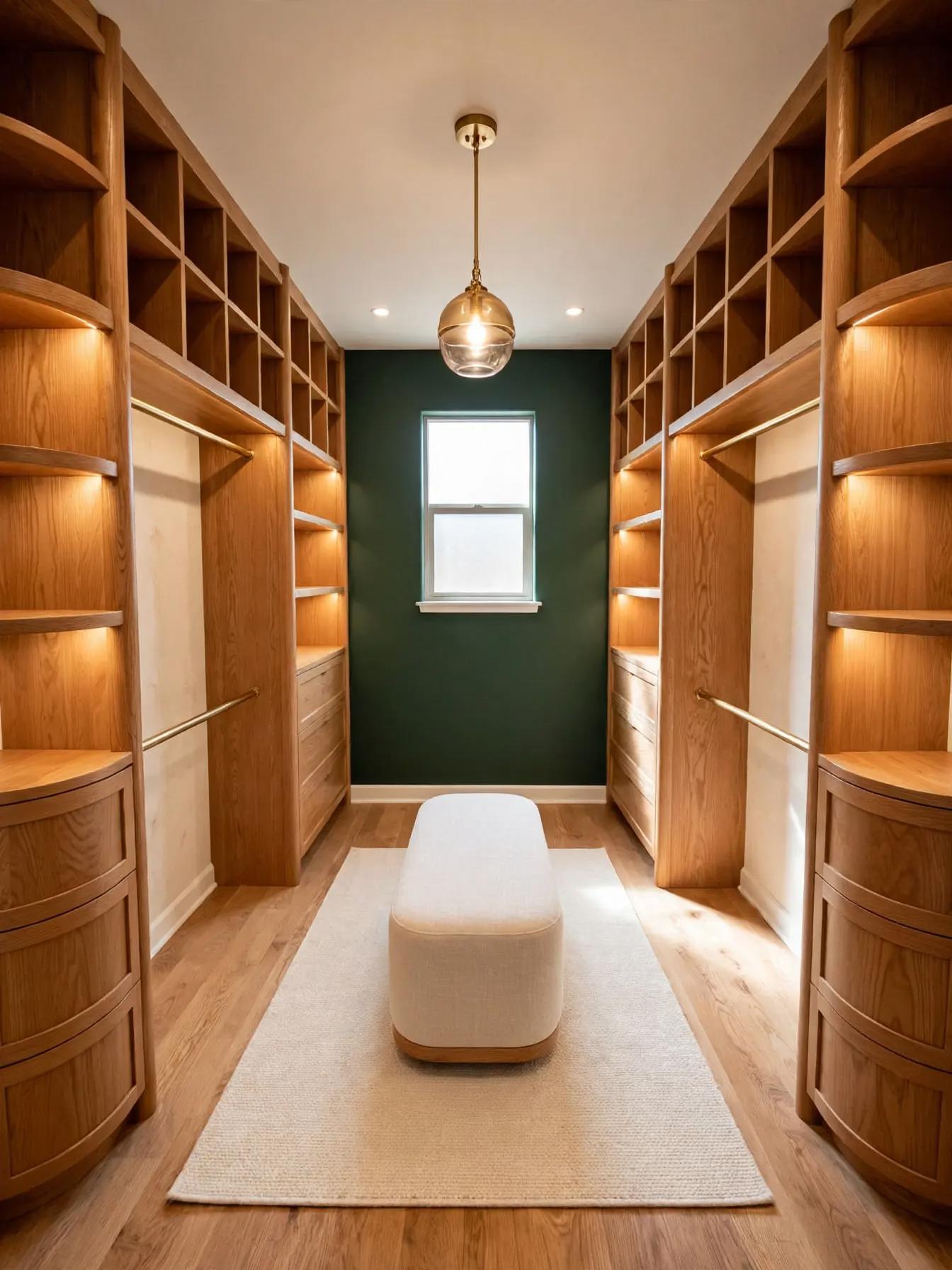 Modern walk in closet after AI restyle by Renovaitor: Green Accent Wall and Curved Oak Towers in Walk-in Closet