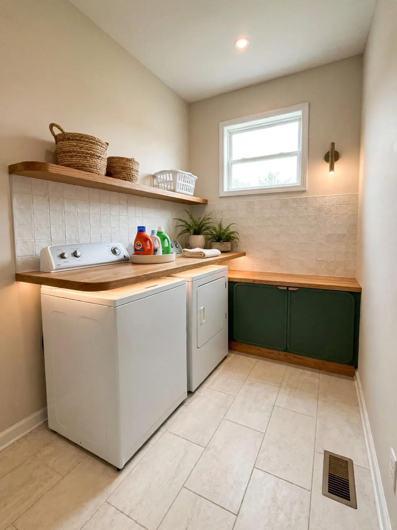 Same laundry with continuous wood countertop over machines, floating wood shelf, textured backsplash tile, green base cabinet bench and wall sconce.