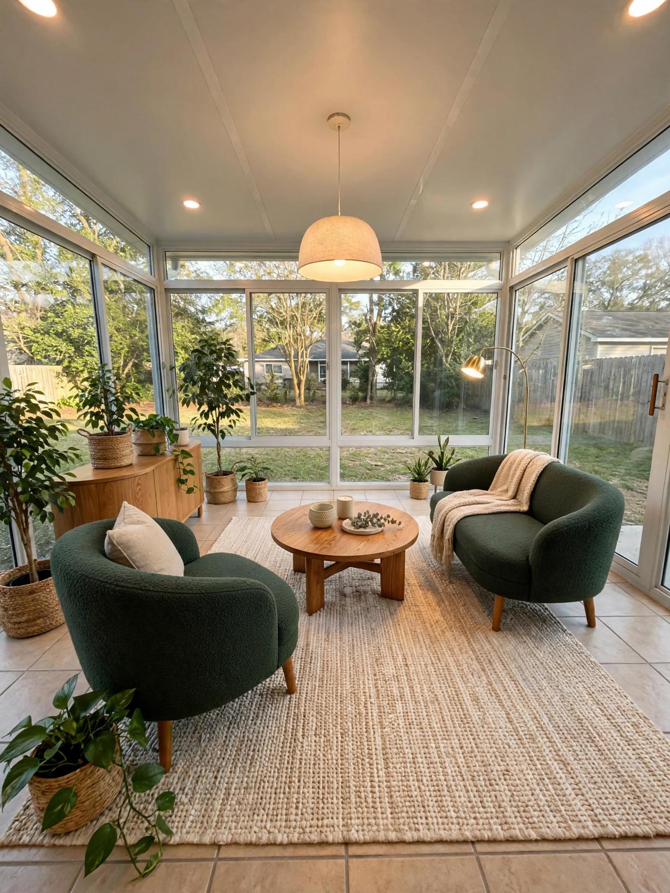 Sunroom with two curved dark green lounge chairs, round wood coffee table, large woven jute rug, wooden side cabinet, plants and pendant light